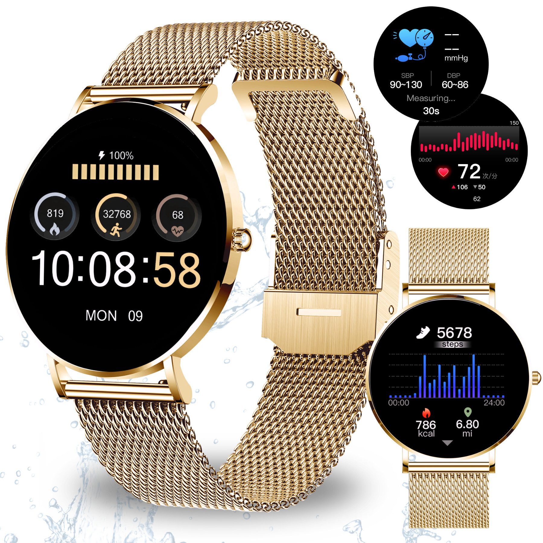 XCOAST SIONA 2 Damen Smartwatch (4,2 cm/1,3 Zoll, iOS Android) classic gold, Fitness Tracker, AMOLED, Blutsauerstoffmesser, 3-tlg., neueste Generation, Wasserdicht, ultra flach, Puls, Blutdruck, brillante Цвета(ов)