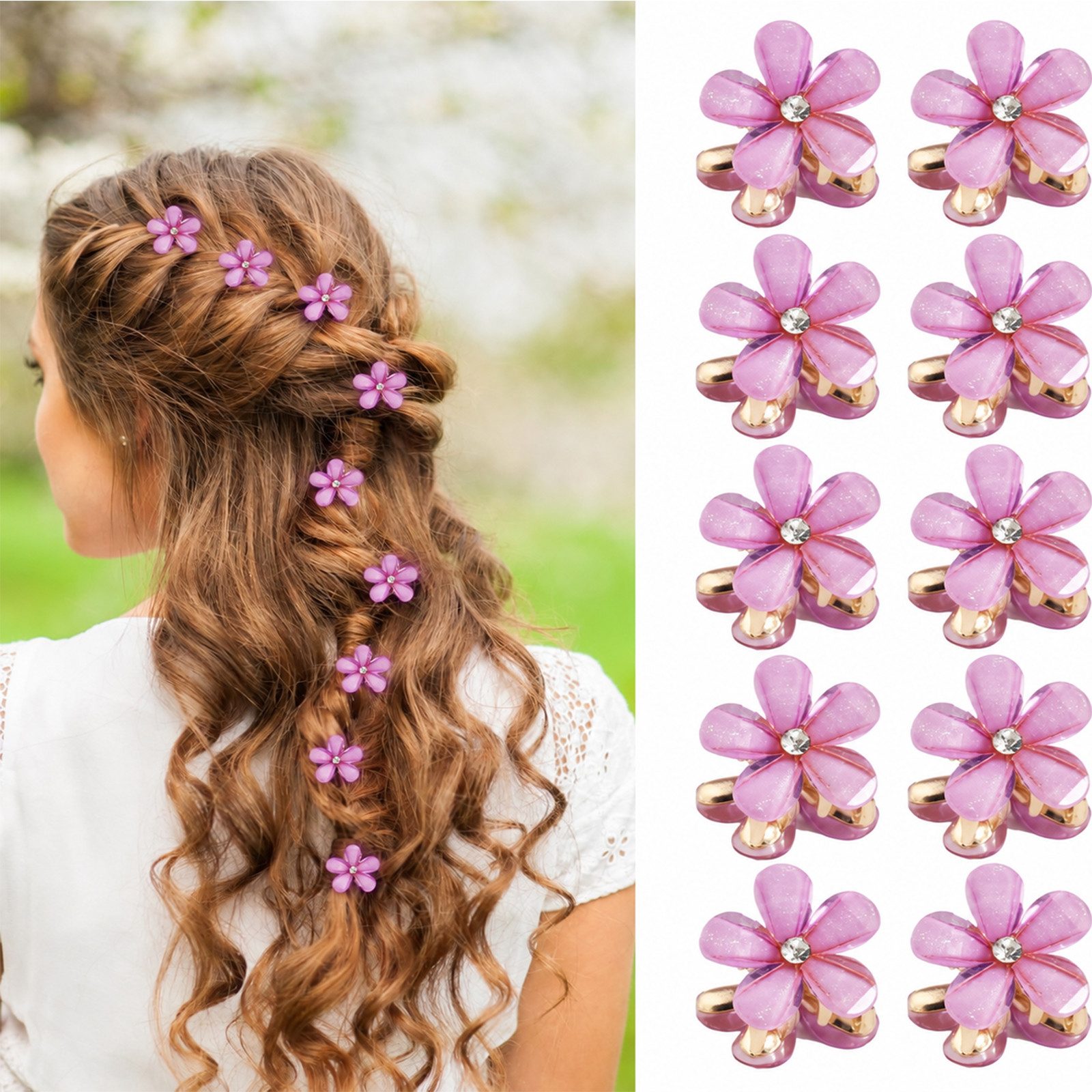 MOPUEA Haarspange Haarspangen Mini süße Blumenform Kristall Klammern 0.79inch 10 Stück, 10-teiliges Mini-Haarspangen-Set mit Blumen für Damen und Mädchen, 10 rosa Blumen-Haarklammern für Alltag, Frisuren, Hochzeit und Party, Starker Halt, versetzte Zähne, Metallfeder, leicht und haarschonend