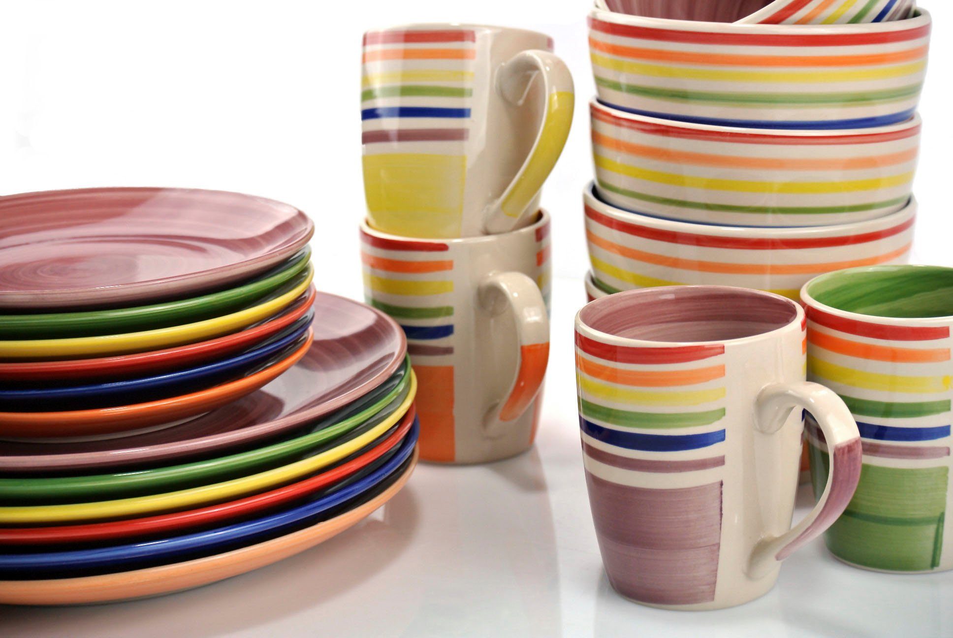Retsch Arzberg Kombiservice Geschirr-Set, Service COLOUR STRIPES (24-tlg), 6 Personen, Steinzeug, Spin Wash/Spiraldekor - 6 Regenbogenfarben, 24 Teile, für 6 Personen