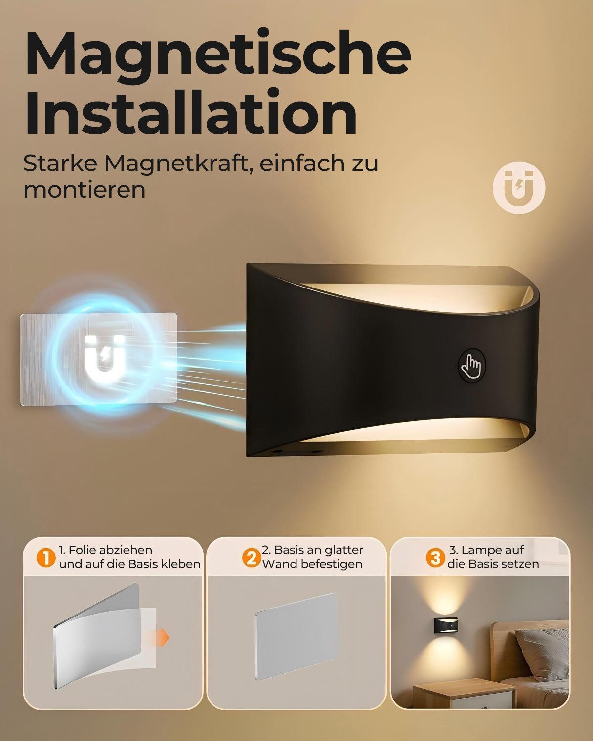 Futicare LED Wandleuchte für Innen, LED Wandleuchte kabellos magnetisch, 3 Farben dimmbar, (3000K, 4000K, 6000K),LED-Leuchtmittel fest verbaut, Akku-Lampe mit F – Bild 2 von 5