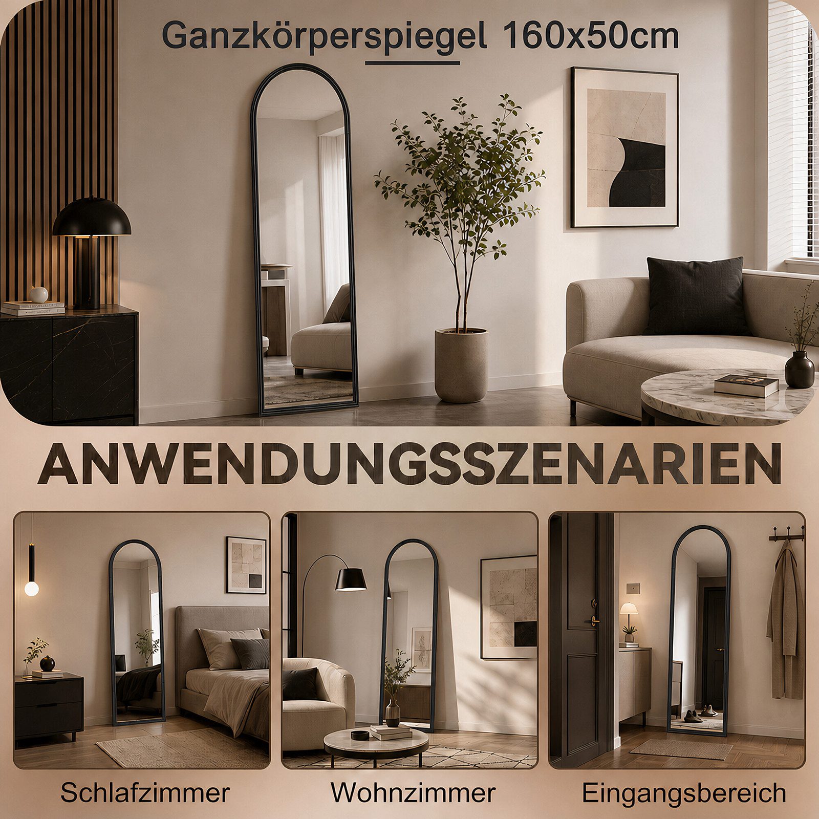 BBWL Ganzkörperspiegel 160 x 50 cm, Großer Standspiegel, mit stabilem Standfuß, Holzrahmen in Bogenform,HD Spiegelglas, stabiler Rahmen – Bild 4 von 5