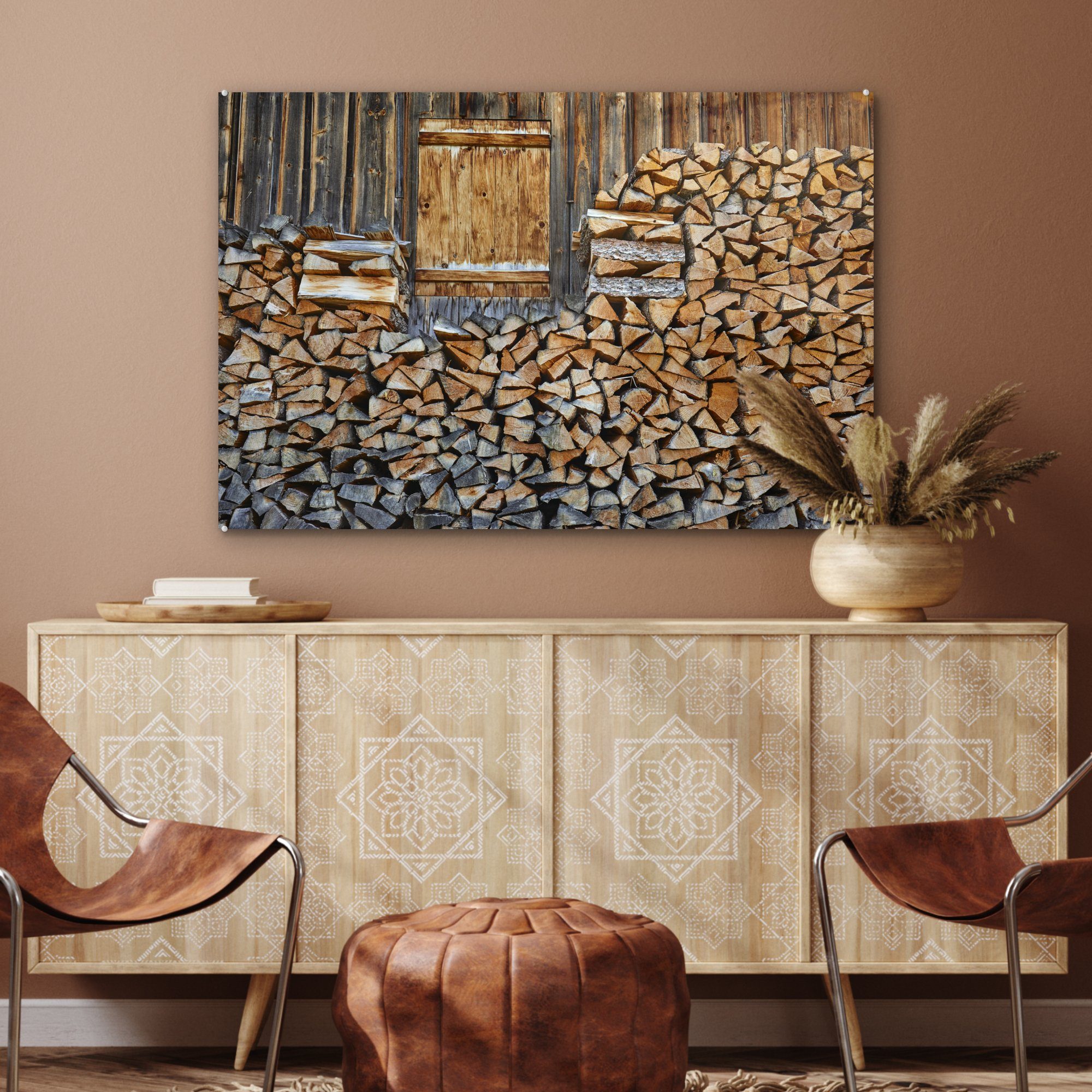 MuchoWow eine Wohnzimmer Brennholz Acrylglasbilder Acrylglasbild St), Holzwand, für Schlafzimmer & (1