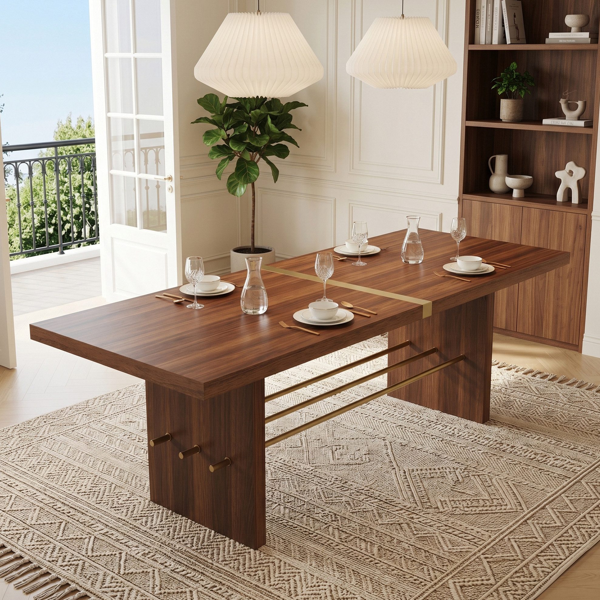 REDOM Esstisch Moderner Essraumtisch mit 4 cm dicker Walnuss-Platte (Packung, 1-St., Walnuss & Gold, 180×75×75 cm, für gesellige Runden), goldene Querstrebe, elegantes Kontrast-Design