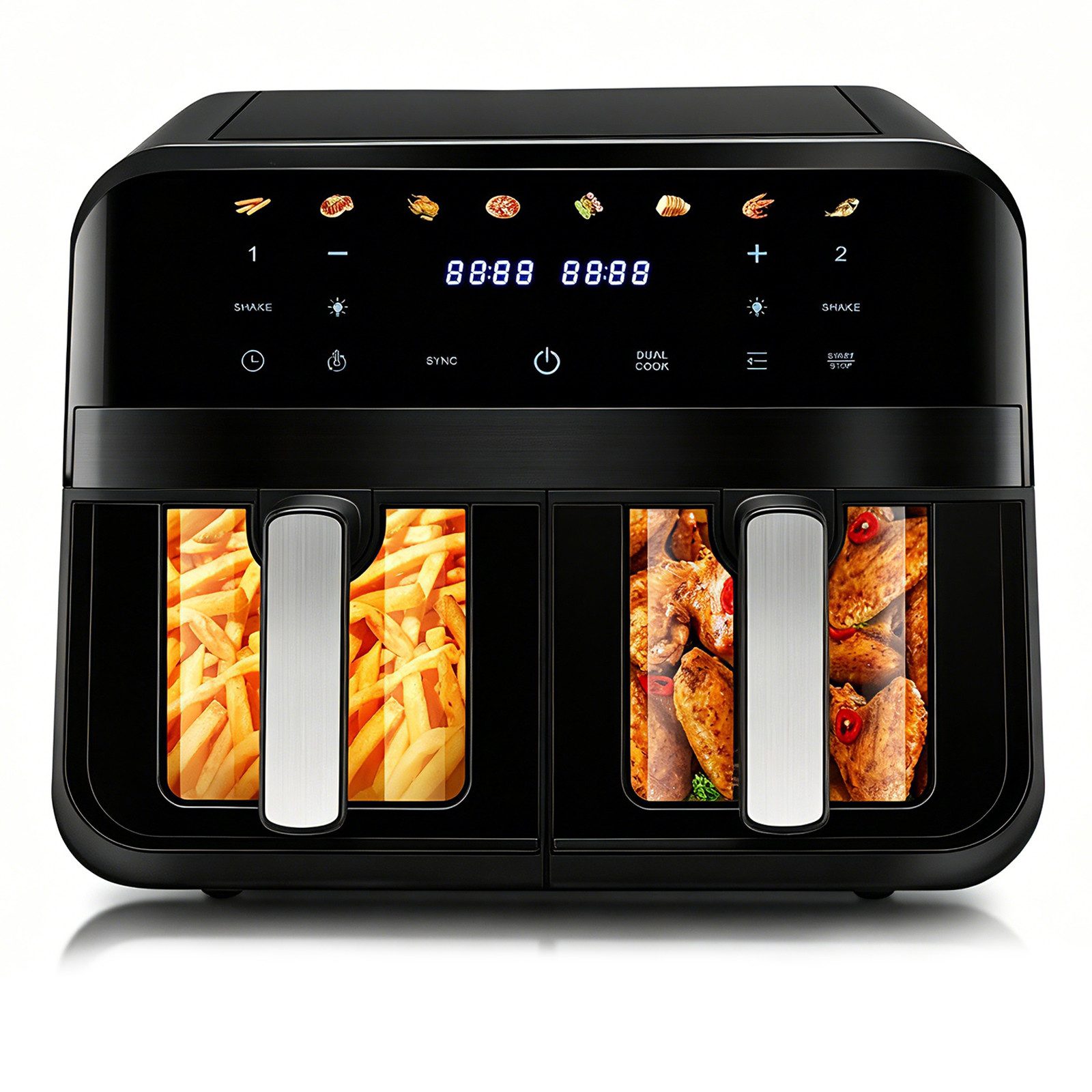 oyajia Heißluftfritteuse 9L Heißluftfritteuse RA930DSV XXL, 2 separat gesteuerte Garkammern, 2800,00 W, Touch Display, Sichtfenster, 8 Automatikprogramme/je 4,5 l pro Korb