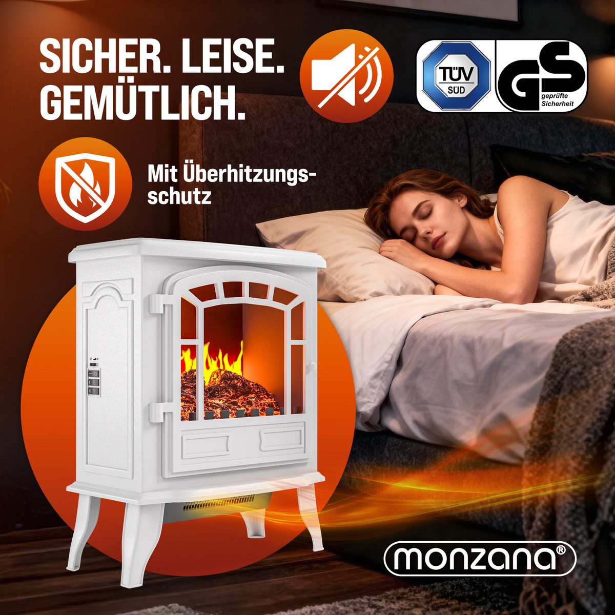 monzana Elektrokamin, Mit Heizung Flammeneffekt Heizlüfter Kamin Deko Ofen Weiß Wohnzimmer