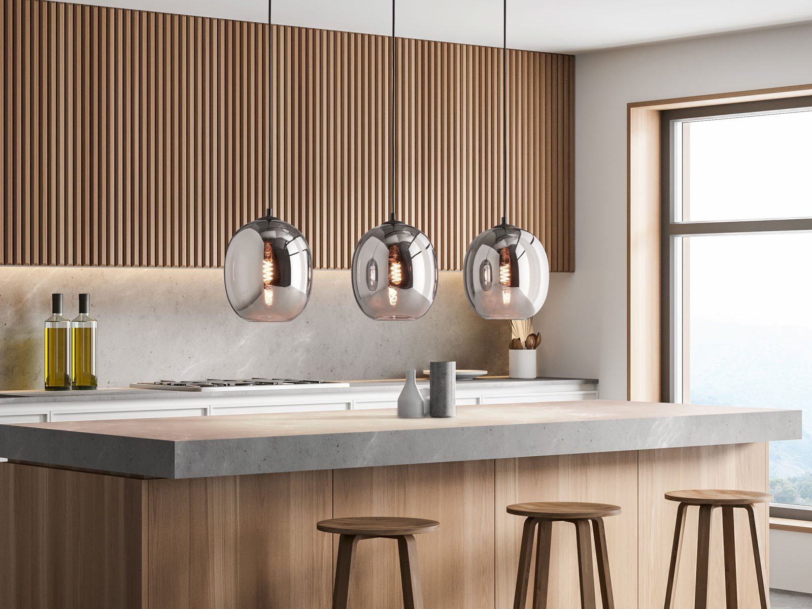 FISCHER & HONSEL LED Pendelleuchte, Dimmfunktion, LED wechselbar, Warmweiß, Balkenlampe 3x Glas-kugel Rauchglas für übern Esstisch hängend B: 95cm