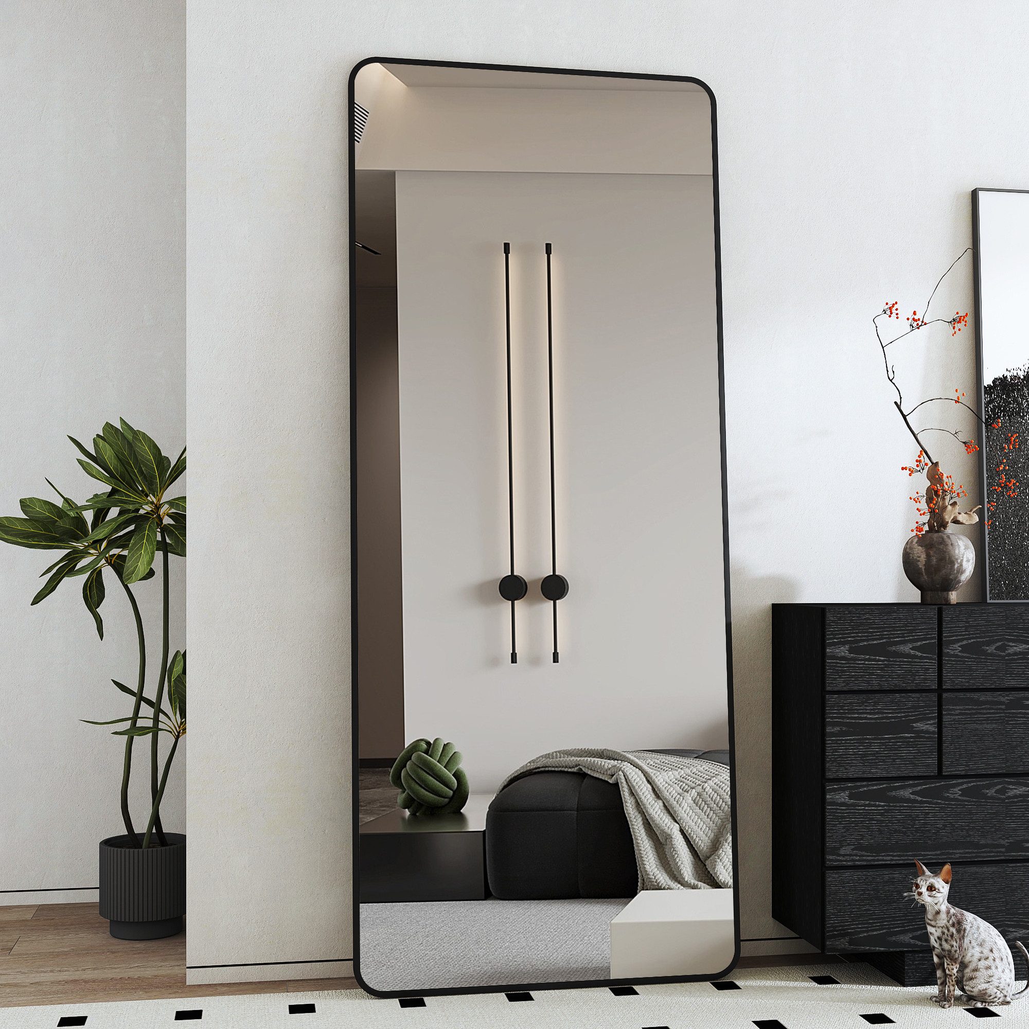Boromal Ganzkörperspiegel 180x80 Spiegel groß Wandspiegel Schwarz mit Metall Alu Rahmen (Flurspiegel Bodenspiegel, Rundbogen, Rechteckig), für Schlafzimmer Garderobe Wohnzimmer Hotel Friseurladen