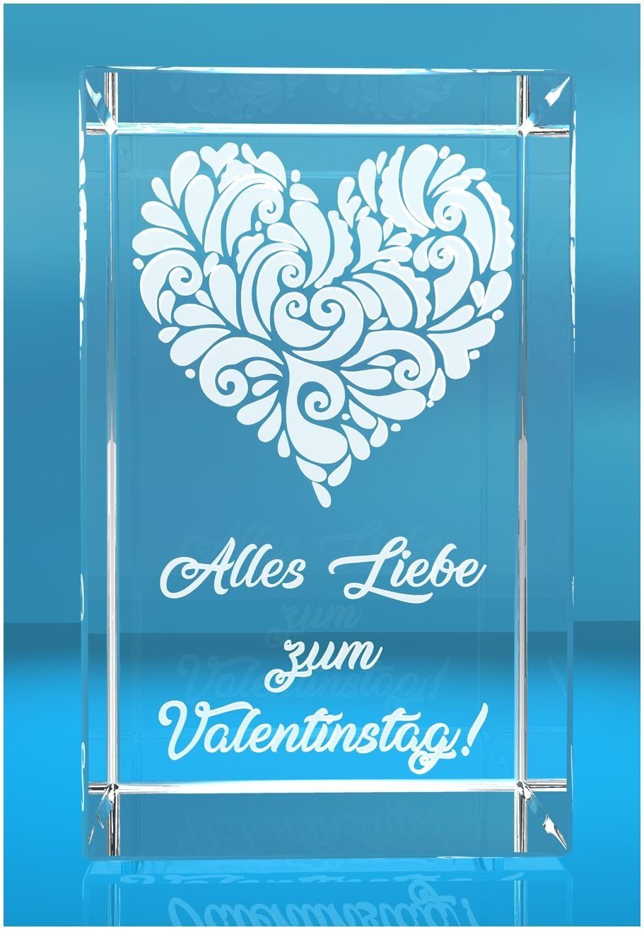 Dekofigur 3D Glasquader I verziertes Herz I Всеs Liebe zum Valentinstag!, Hochwertige Geschenkbox, Made in Germany, Familienbetrieb