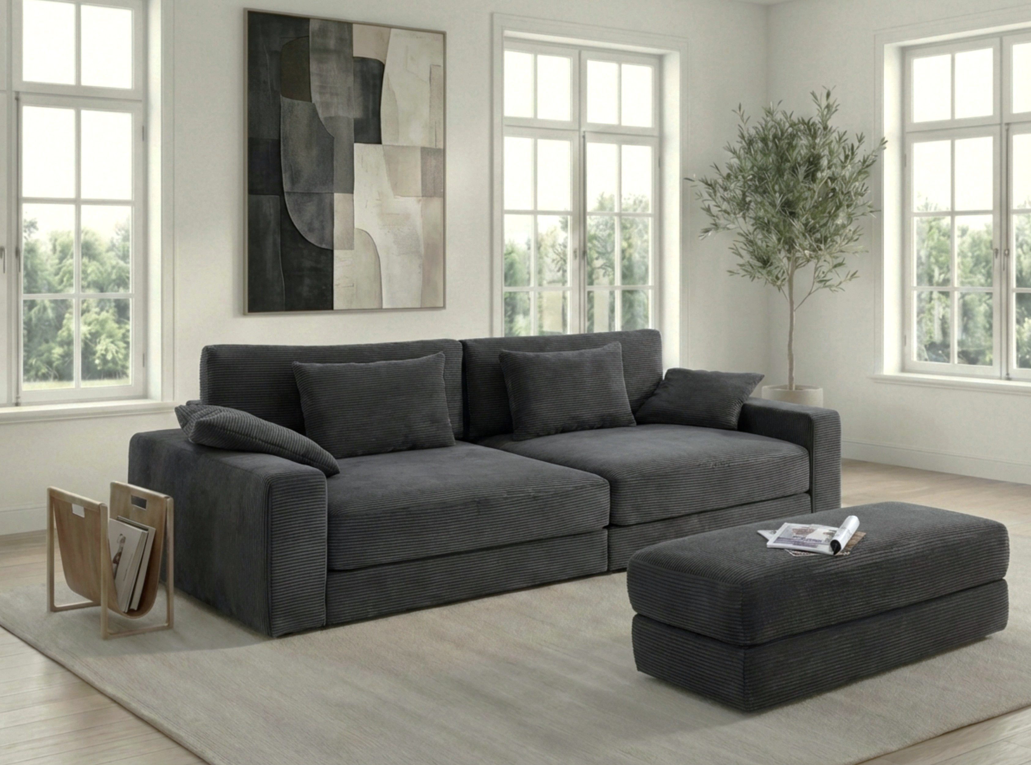 luma-home Polsterhocker 15255 (B124/T60/H40 cm, Bonellfederkern-Polsterung), Sitzbank Designerhocker, robuster Cord-Bezug Dunkelgrau