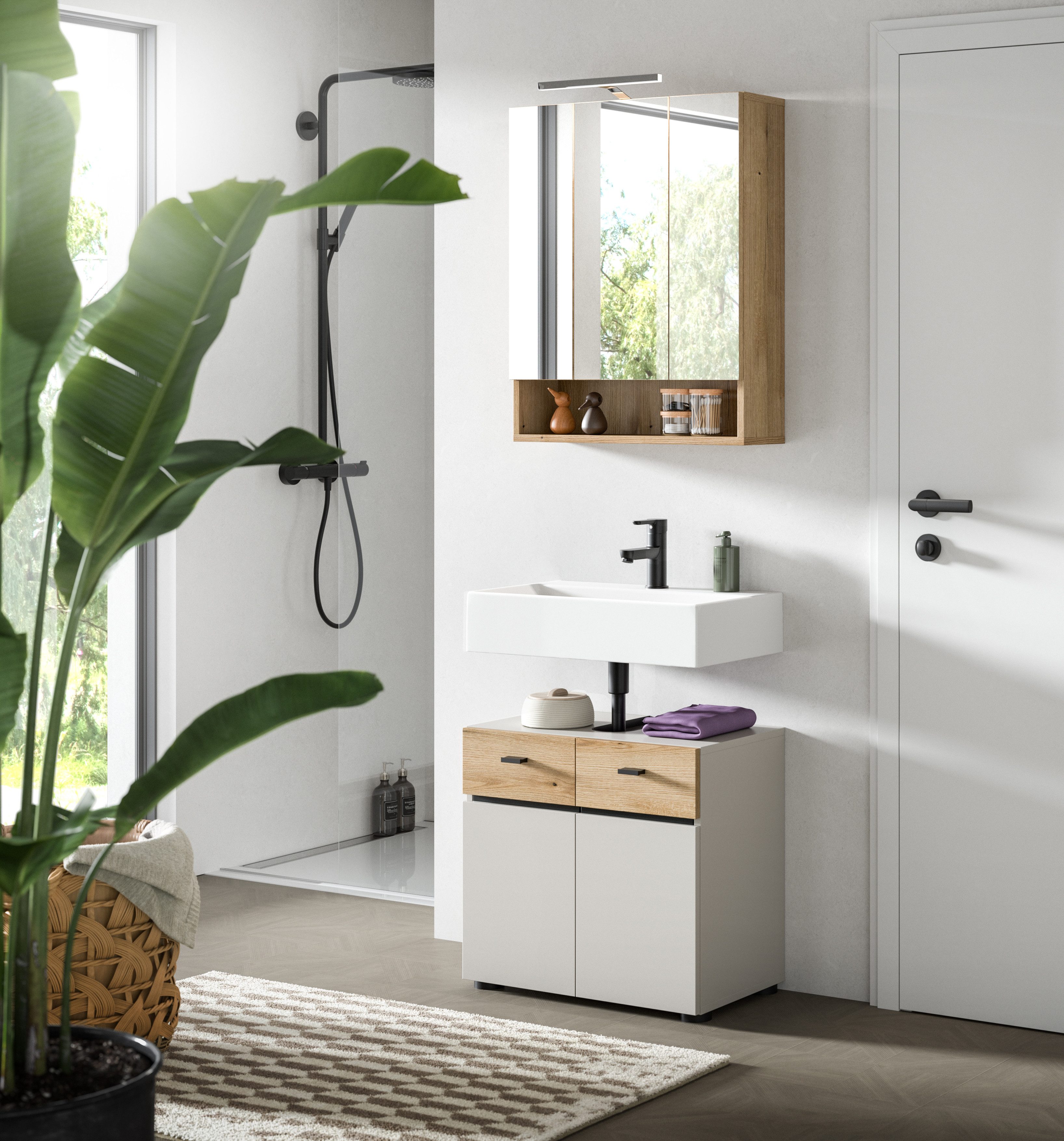 welltime Badmöbel-Set VANN, 2-teilige moderne Badkombination, inkl. Beleuchtung, (2-St., 1x Waschbeckenunterschrank, 1x Spiegelschrank inkl. Beleuchtung), Bad-Kombination, Bad-Möbel, Badezimmer, Kombination, Kombi, Bad-Set
