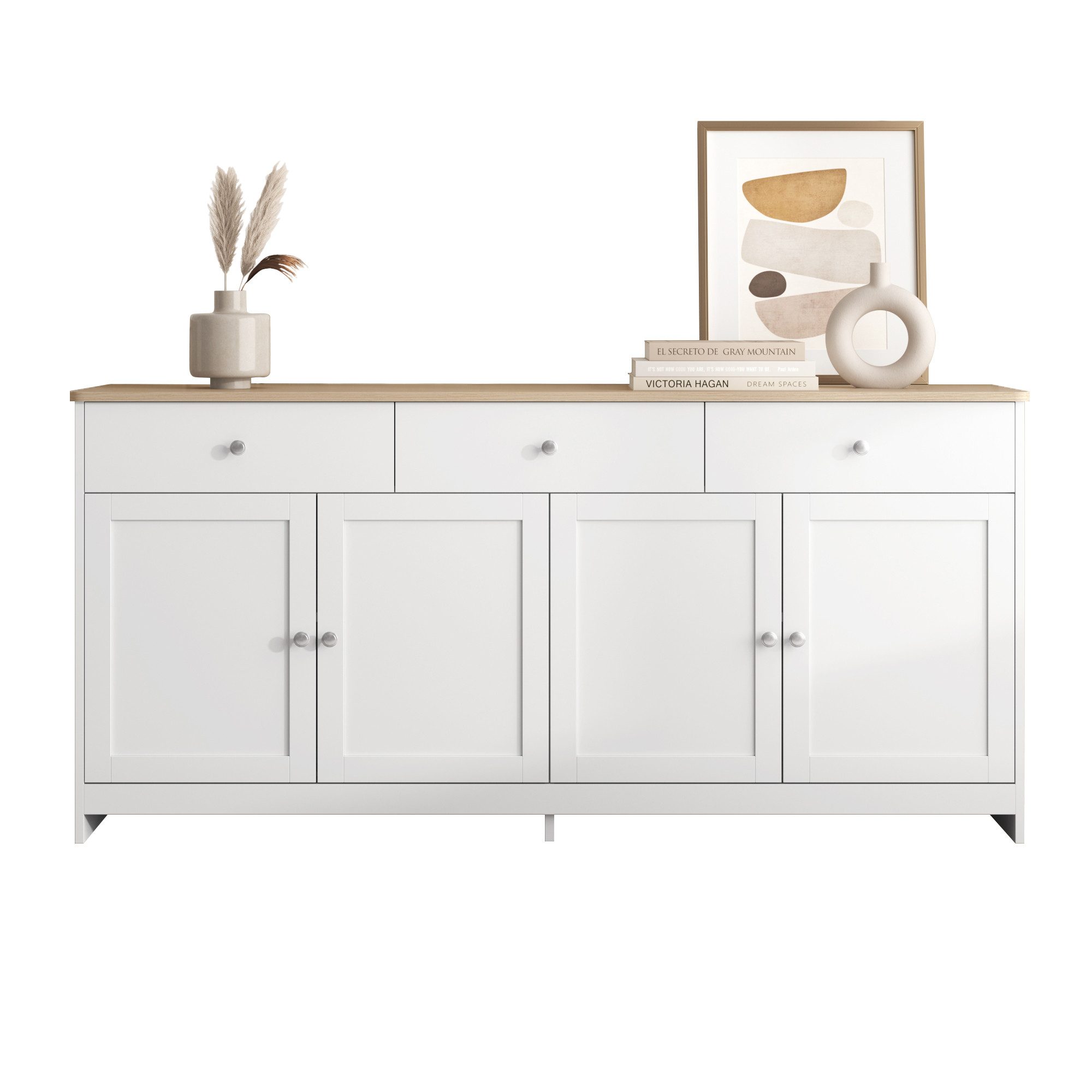 MODFU Sideboard Küchenschrank (Aufbewahrungsschrank mit drei Schubladen und vier Klappen, 1 St., Sideboard im Landhausstil), Breite 160cm