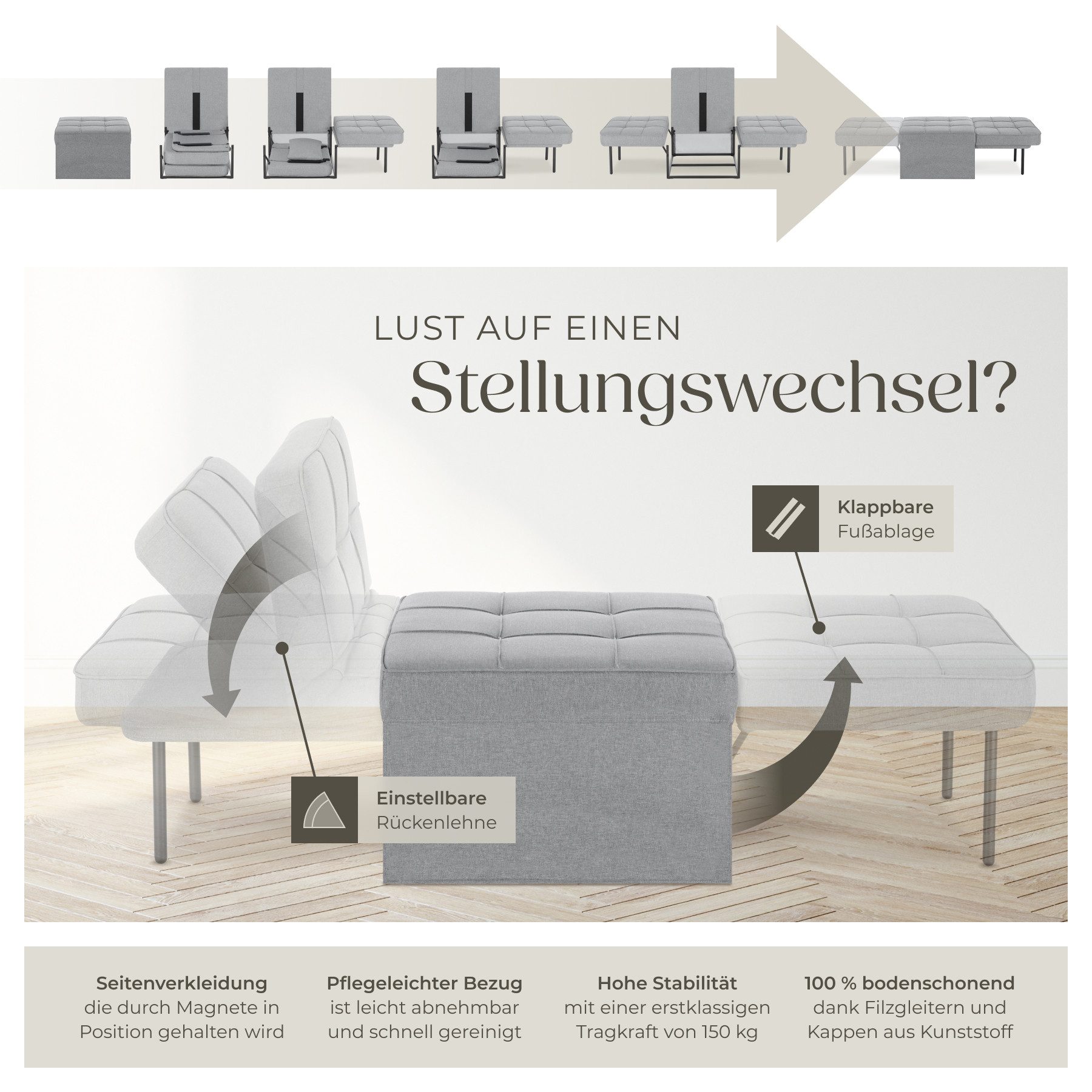 tectake Relaxsessel gepolsterter Schlafhocker mit extra Kopfkissen, Belastbarkeit 150 kg (Schlafsessel Ponto, in Hellgrau), 5 in 1, 6-fach verstellbare Rückenlehne, stabiles Stahlgestell