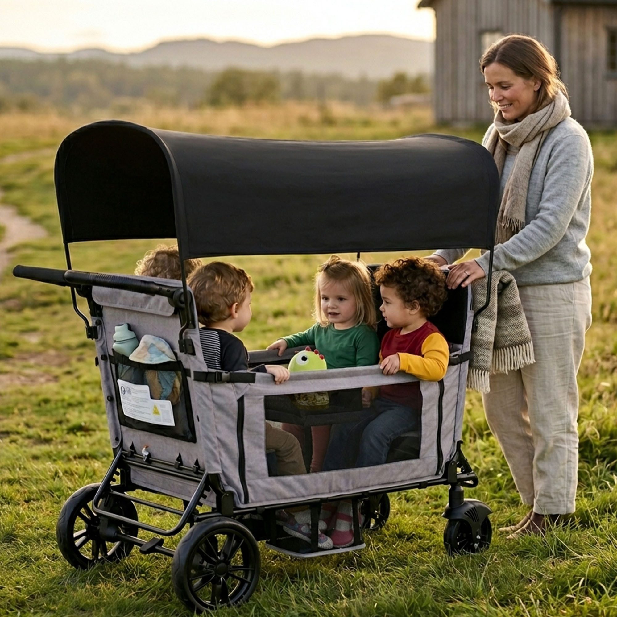 Flieks Bollerwagen, Faltbarer Bollerwagen für 4 Kinder mit Sonnendach & Sicherheitsgurt