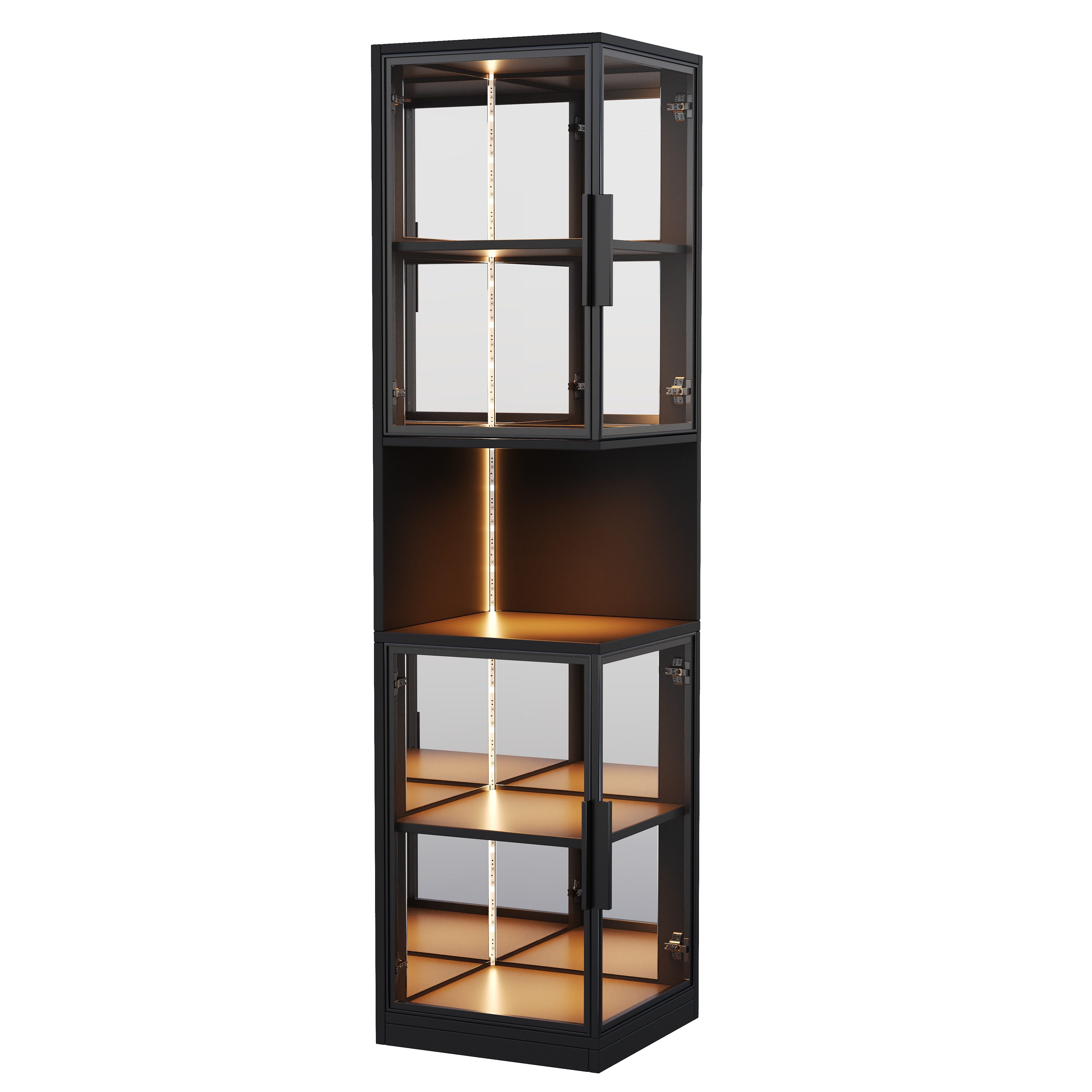 Flieks Eckvitrine Glasvitrine mit LED-Beleuchtung und Glastüren, verspiegelter Rückwand (1-St., 42x44x205 cm) Standvitrine mit 5 Fächern Eckschrank Hochschrank für Sammler Schwarz