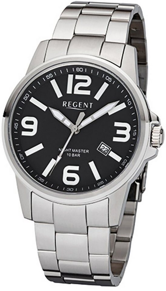 Regent Quarzuhr Regent Herren-Armbanduhr silber Analog, Herren Armbanduhr  rund, groß (ca. 40mm), Edelstahlarmband, extra lange Nachtablesbarkeit