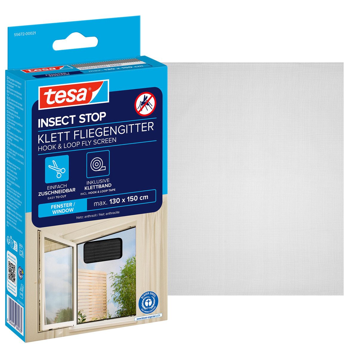 tesa Fliegengitter-Gewebe Klett Fliegengitter für Fenster - Insektenschutz - 130x150 cm, (Packung, 1-St., Fliegennetz, Klettband), mit Klettband, zuschneidbar - Mückenschutz ohne Bohren