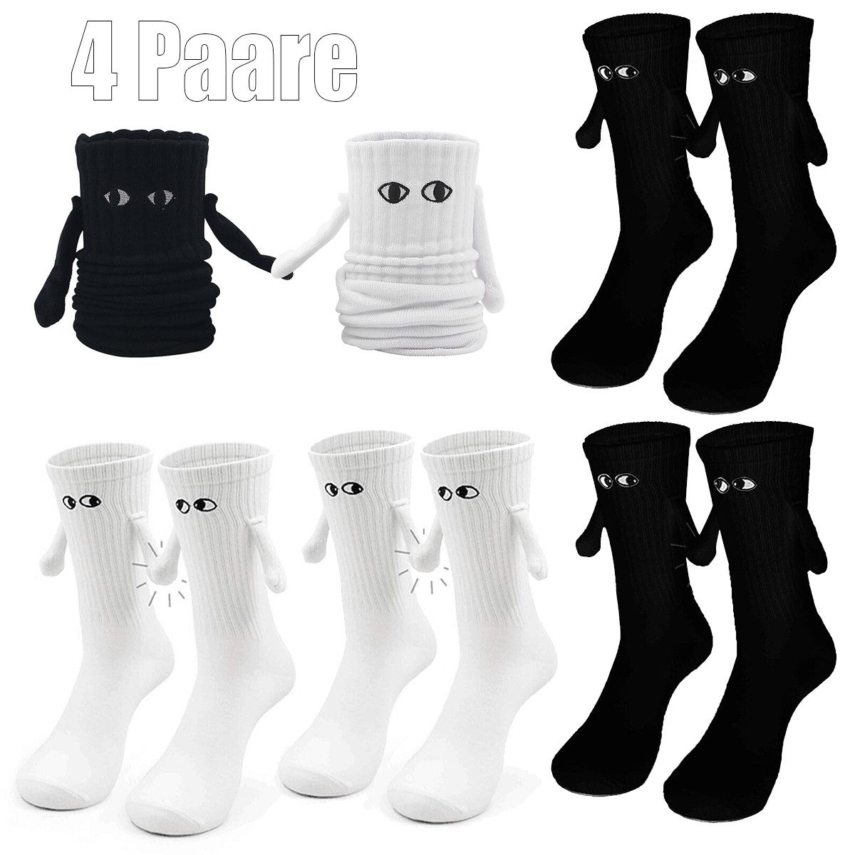 MOPUEA Socken 4 Paar Magnetische Socken,Hand in Hand Lustige Socken Atmungsaktiv