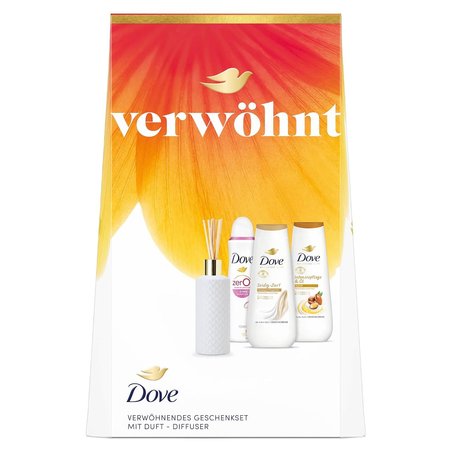 DOVE Pflege-Geschenkset 1x Dove Geschenkset "Verwöhnt", 1-tlg., mit 2x Duschcreme, Deospray und Duft-Diffuser 225 ml + 225 ml + 150 ml