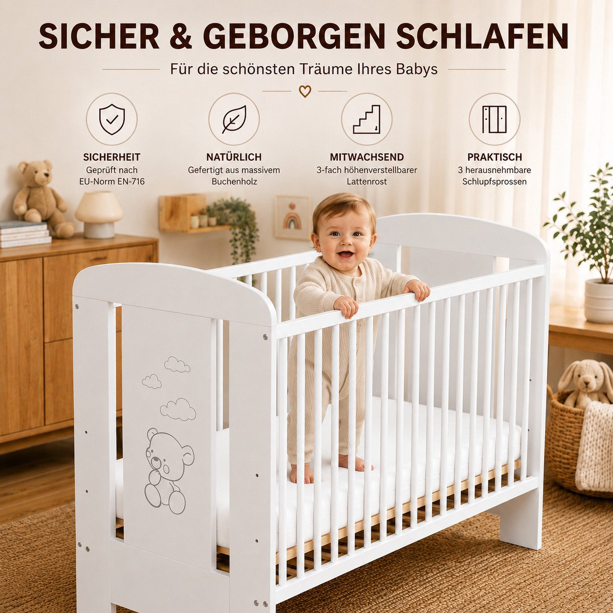Best for Kids Babybett 120x60cm mit und ohne Matratze, 4-teilig, aus Buchenholz, 1-tlg., Kinderbett, Babybett 60x120 cm mit 3 herausnehmbare Schlupfsprossen