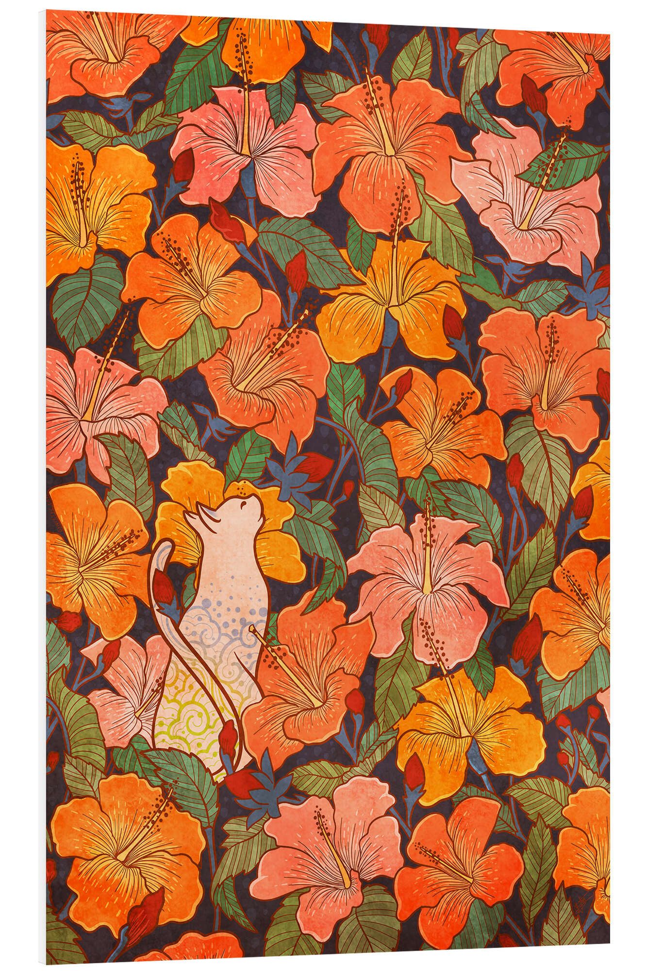 Wandbild Katze in einem Hibiskusfeld