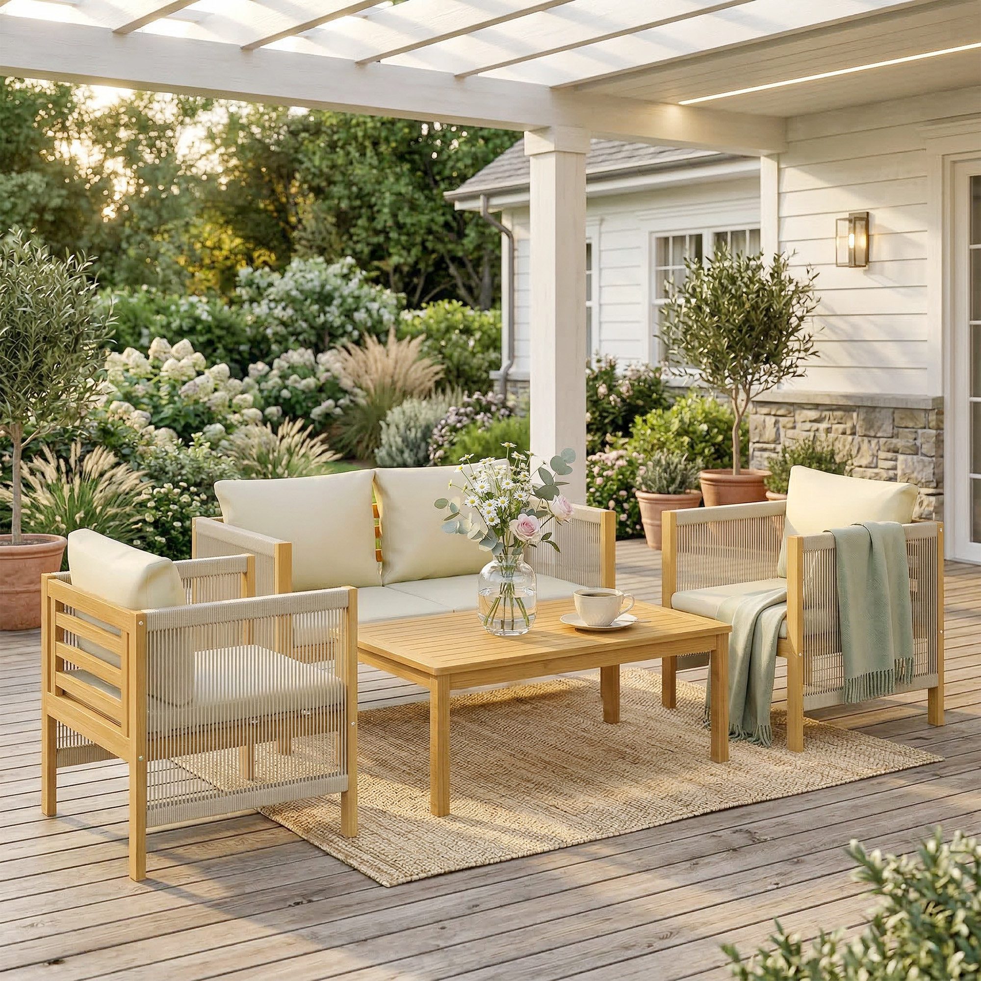 Outsunny Sitzgruppe Akazienholz mit 2er Sofa 2 Sessel Tisch Seilflecht Lamellendesign, (Gartenlounge, 4-tlg., Gartenmöbel Set), für Garten Balkon Beige