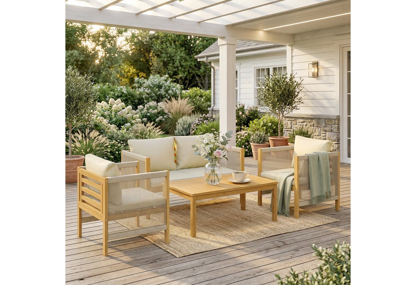 Outsunny Sitzgruppe Akazienholz mit 2er Sofa 2 Sessel Tisch Seilflecht Lamellendesign, (Gartenlounge, 4-tlg., Gartenmöbel Set), für Garten Balkon Beige