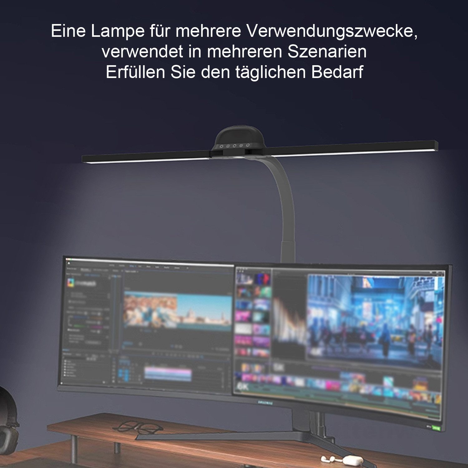Refttenw Schreibtischlampe LED Tischleuchte Klemmbar Doppelköpfe Monitor Licht, 12W, 5 Farben und Helligkeit, für Schreibtisch Büro Bildschirm