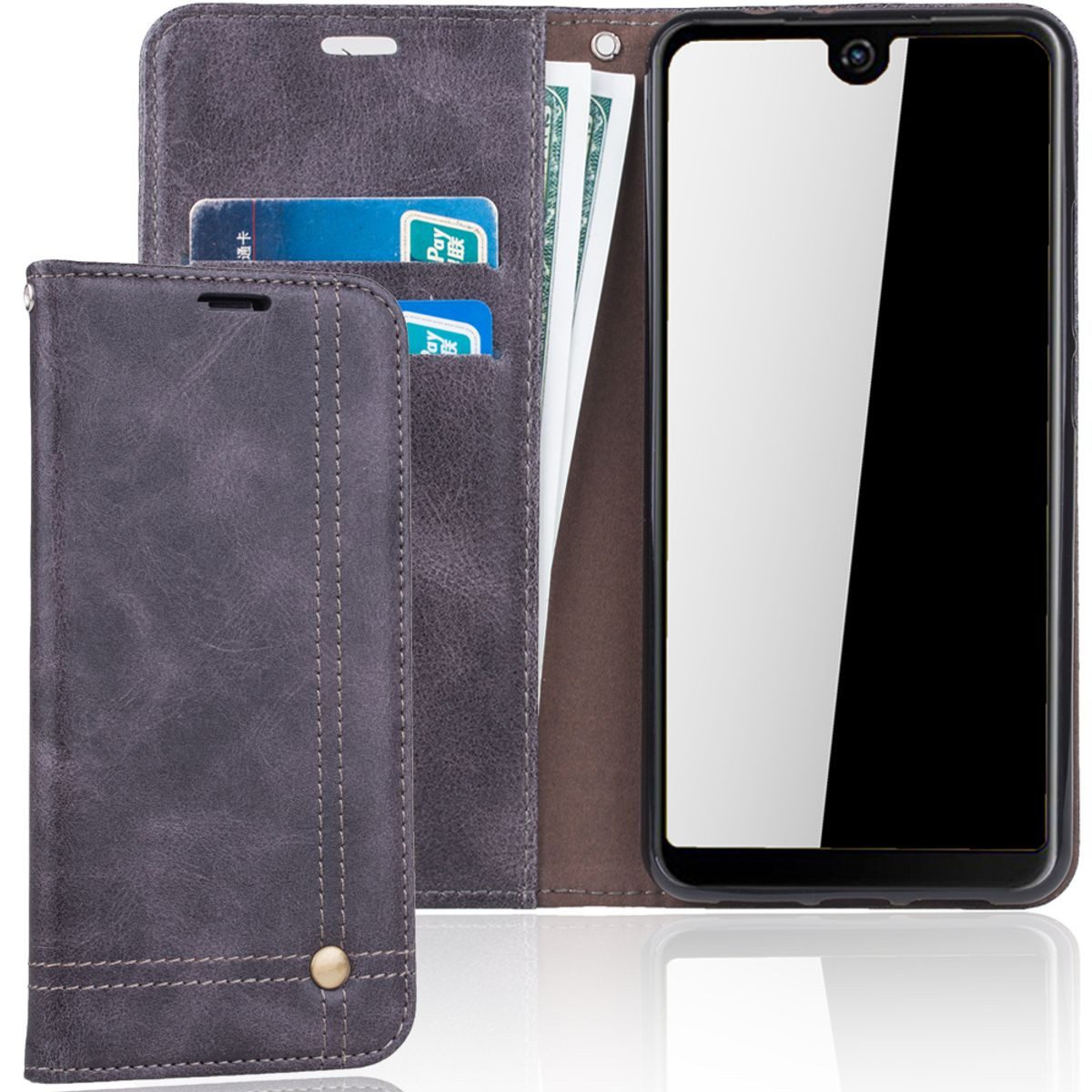 König Design Handyhülle Wiko View 2, Wiko View 2 Handyhülle Bookcover Grau
