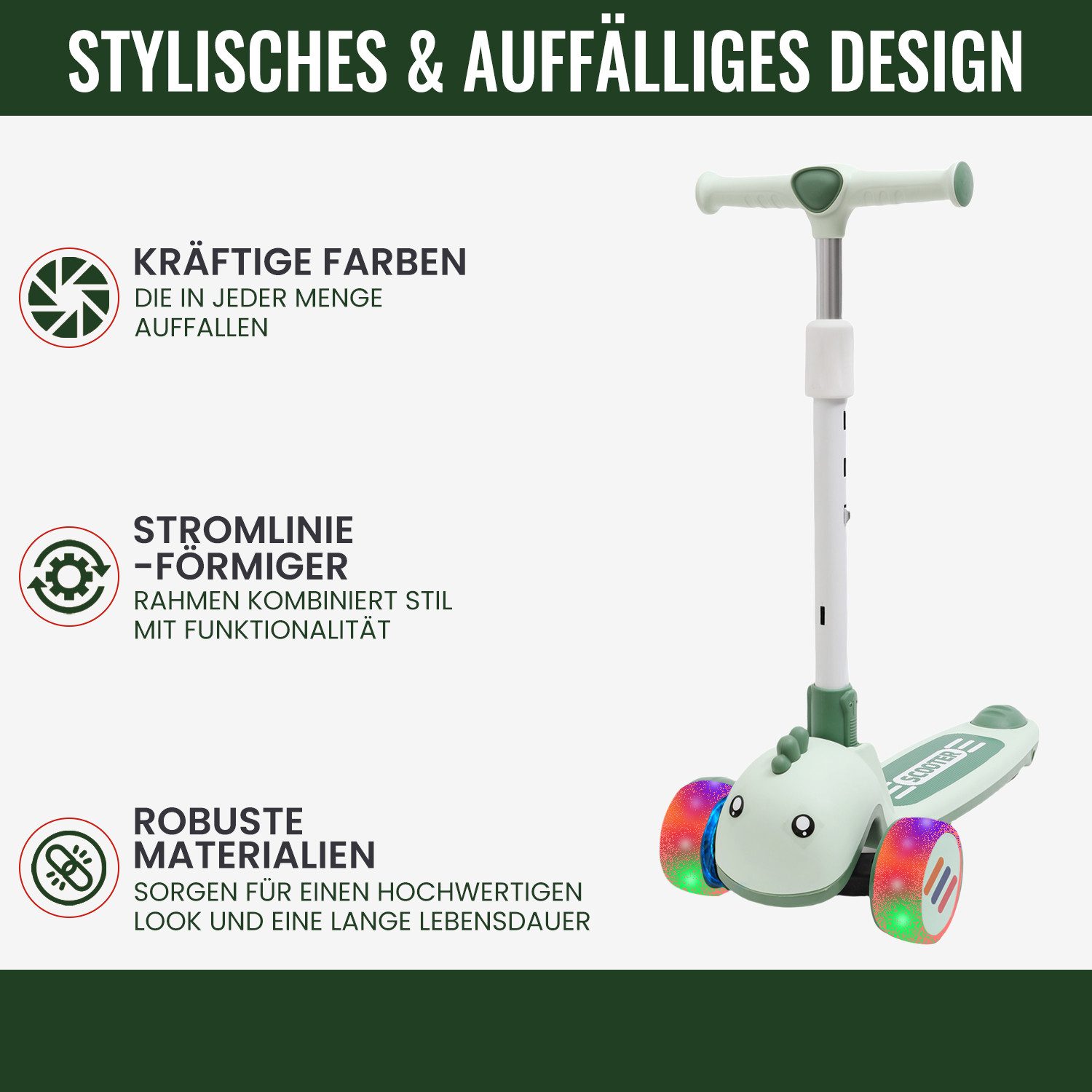 Habib Gruppe Dreiradscooter Kinderroller mit Tier-Design, 3-Rad, LED-Licht & Faltbar