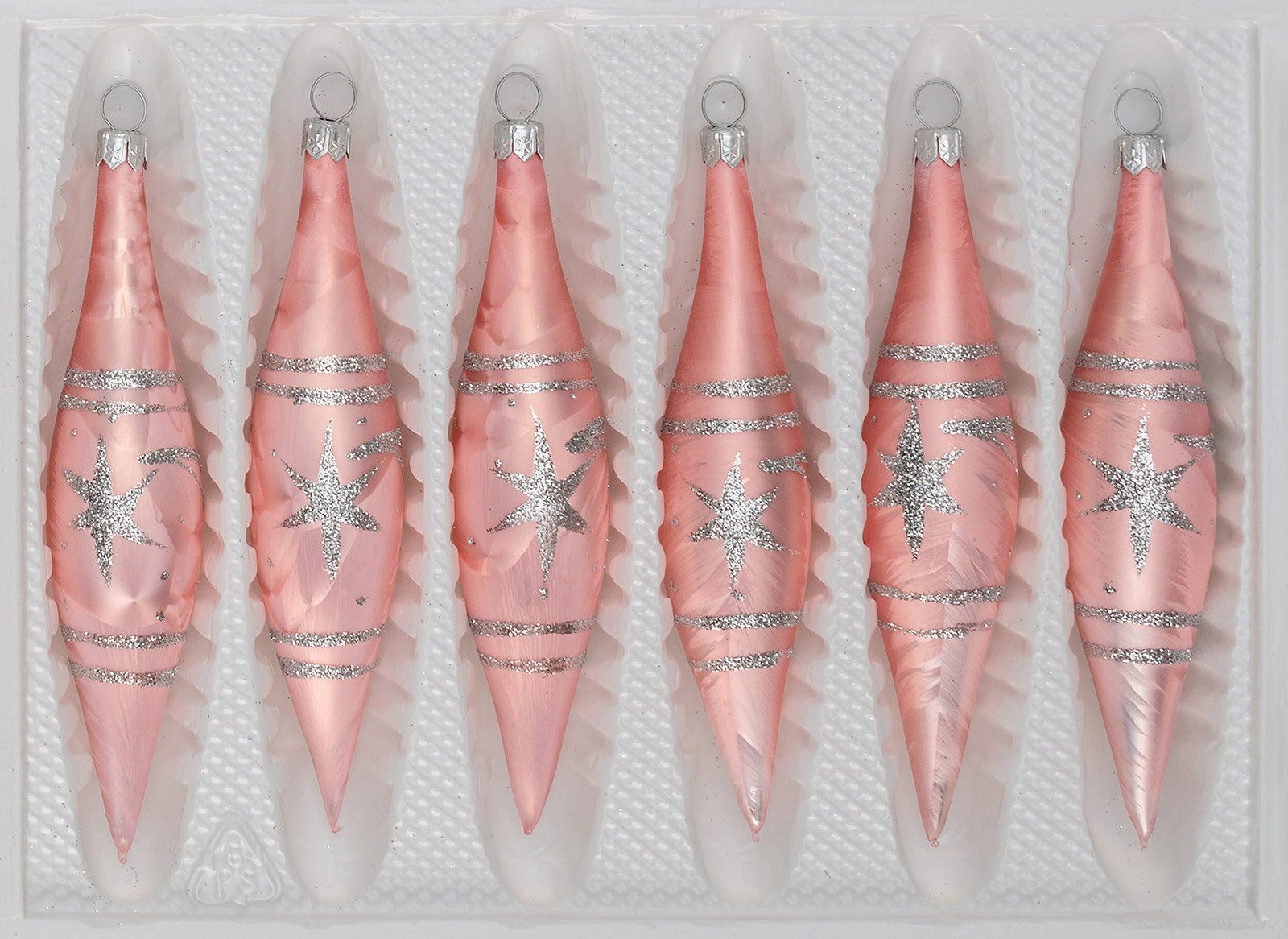 Christbaumschmuck 6 tlg. Glas-Zapfen Set in "Ice Rosa Silber" Komet