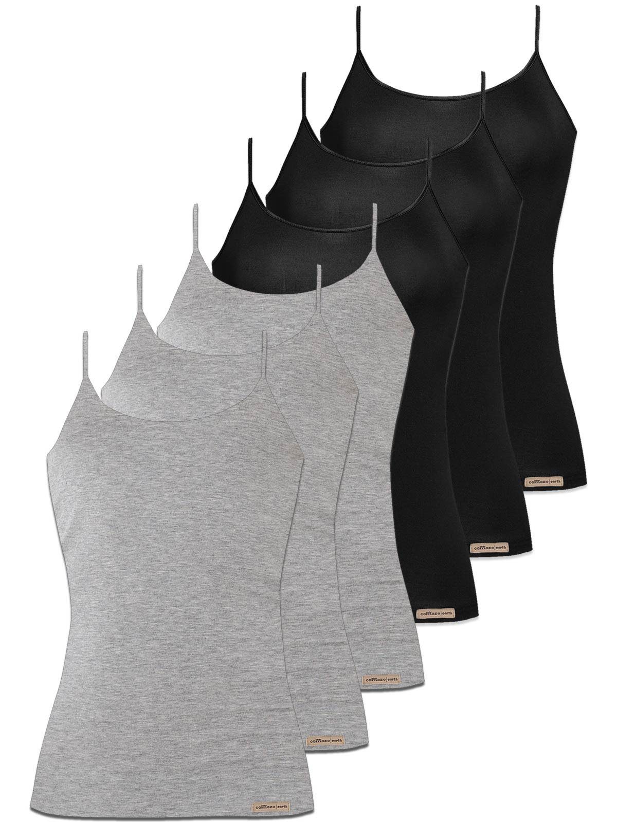 COMAZO Achseltop 6er Pack Damen Baumwoll Spaghettiträgerhemd (Packung, 6-St) Vegan grau-melange-schwarz | Ärmellose Unterhemden