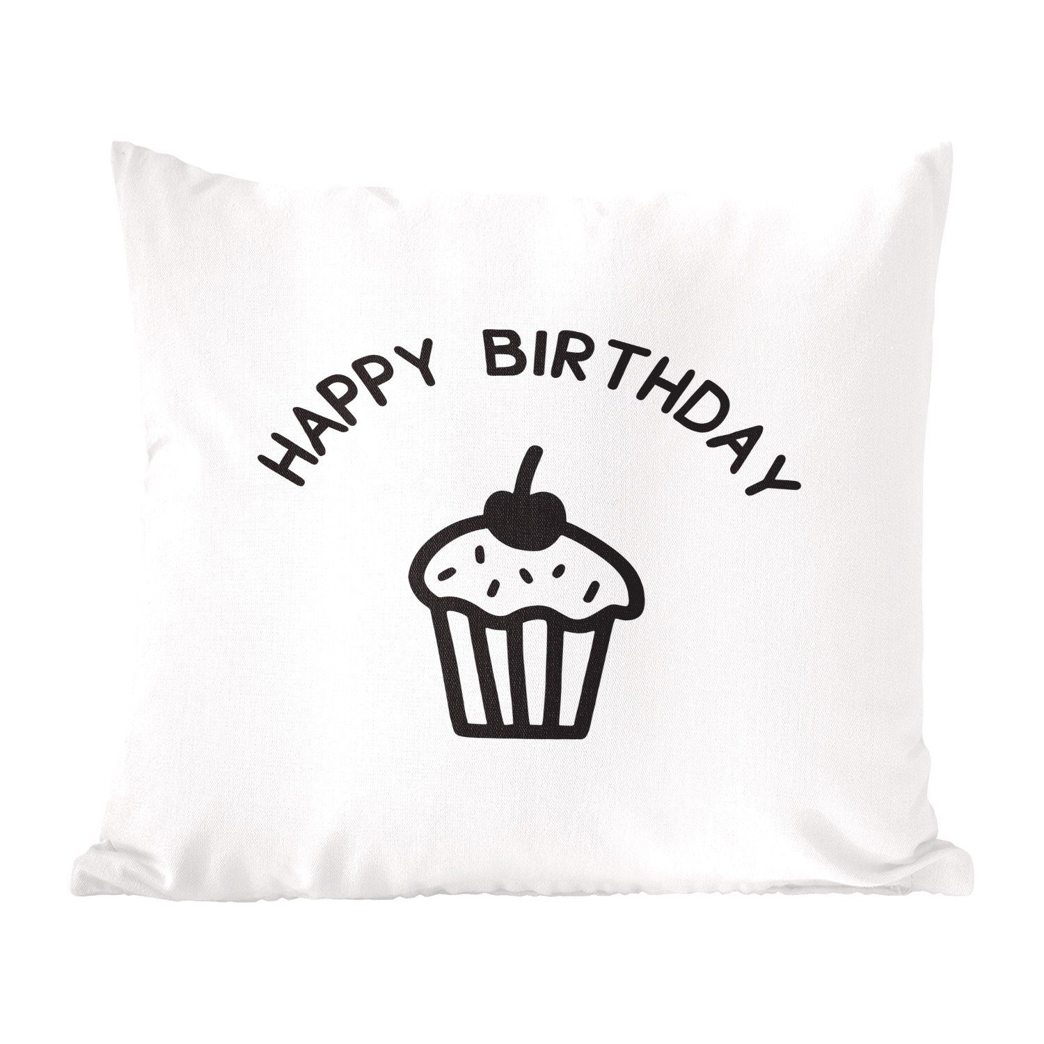 mit Zitat "Happy Dekokissen für Sofakissen Wohzimmer, Schlafzimmer, weißem auf MuchoWow Füllung Hintergrund, einem mit Cupcake Birthday" Deko, Zierkissen