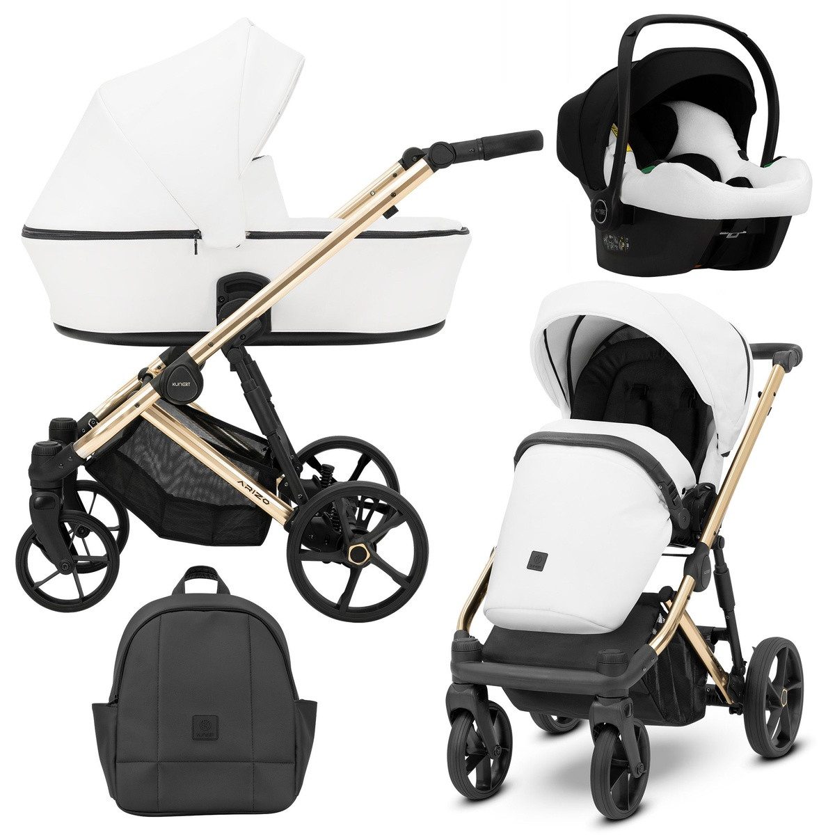 KUNERT Kombi-Kinderwagen ARIZO PREMIUM 3in1 Öko-Leder Kinderwagen mit goldenem Gestell, 5-Punkt-Gurt, verstellbare Rückenlehne, UV50-Sonnenschutz
