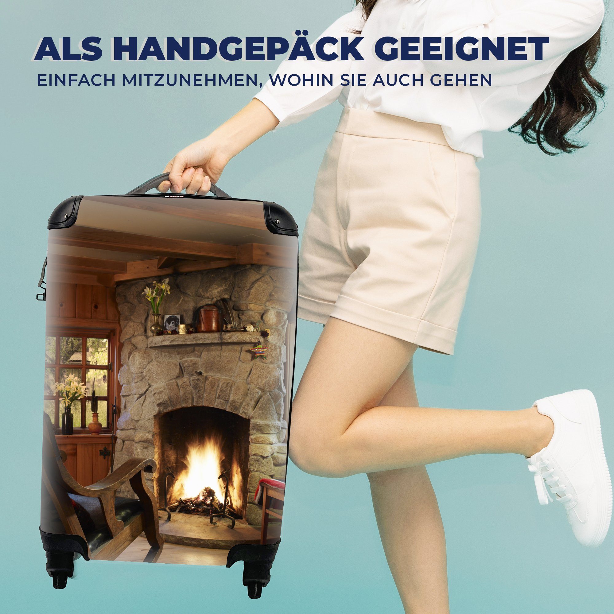 Handgepäck rollen, Reisetasche Rollen, Feuer Trolley, 4 mit Reisekoffer Brennendes in Ferien, einem Handgepäckkoffer MuchoWow für Kamin,