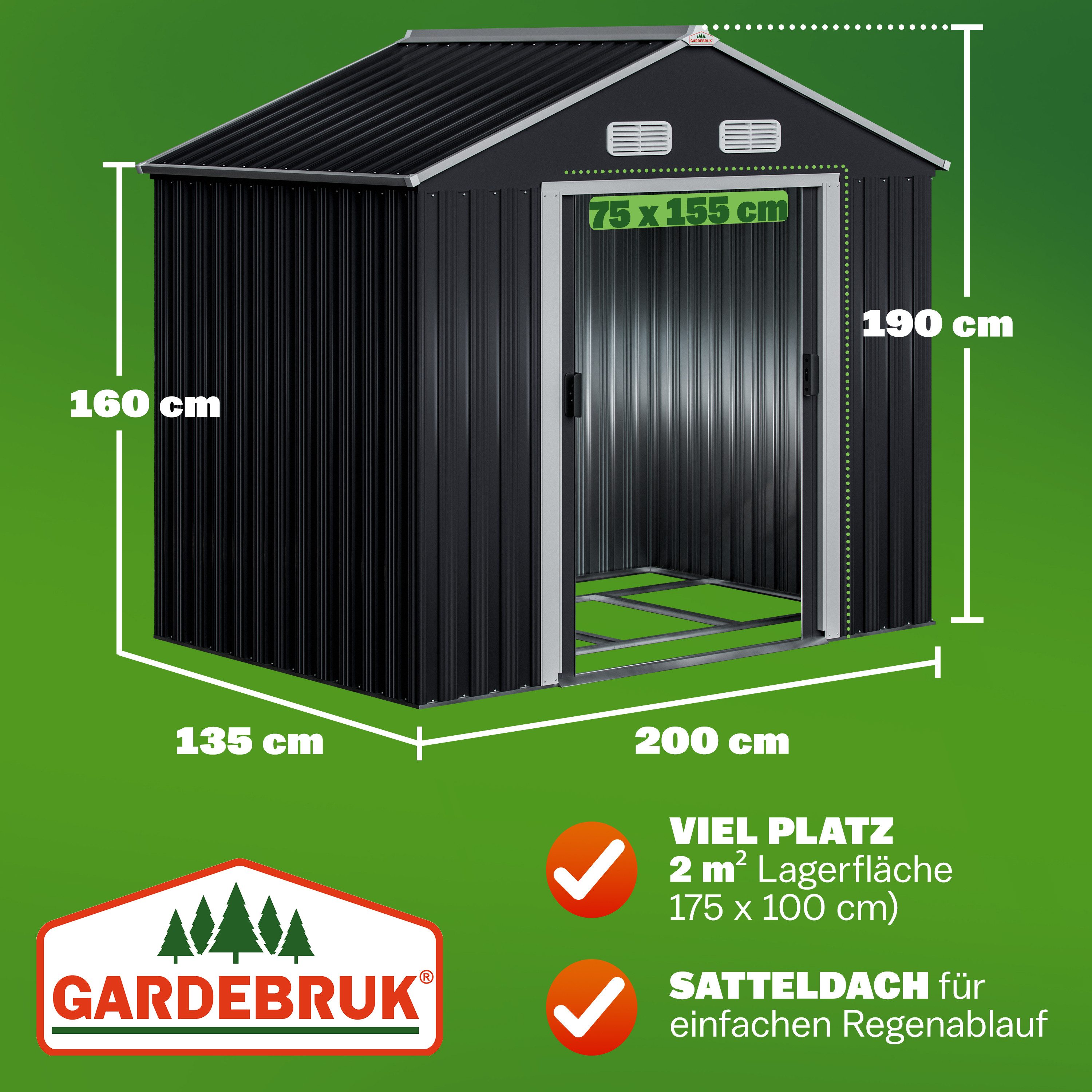 Gardebruk Gerätehaus, BxT: 132x196 cm, XL Metall 2m² mit Fundament 196x132x188cm Schiebetür Anthrazit
