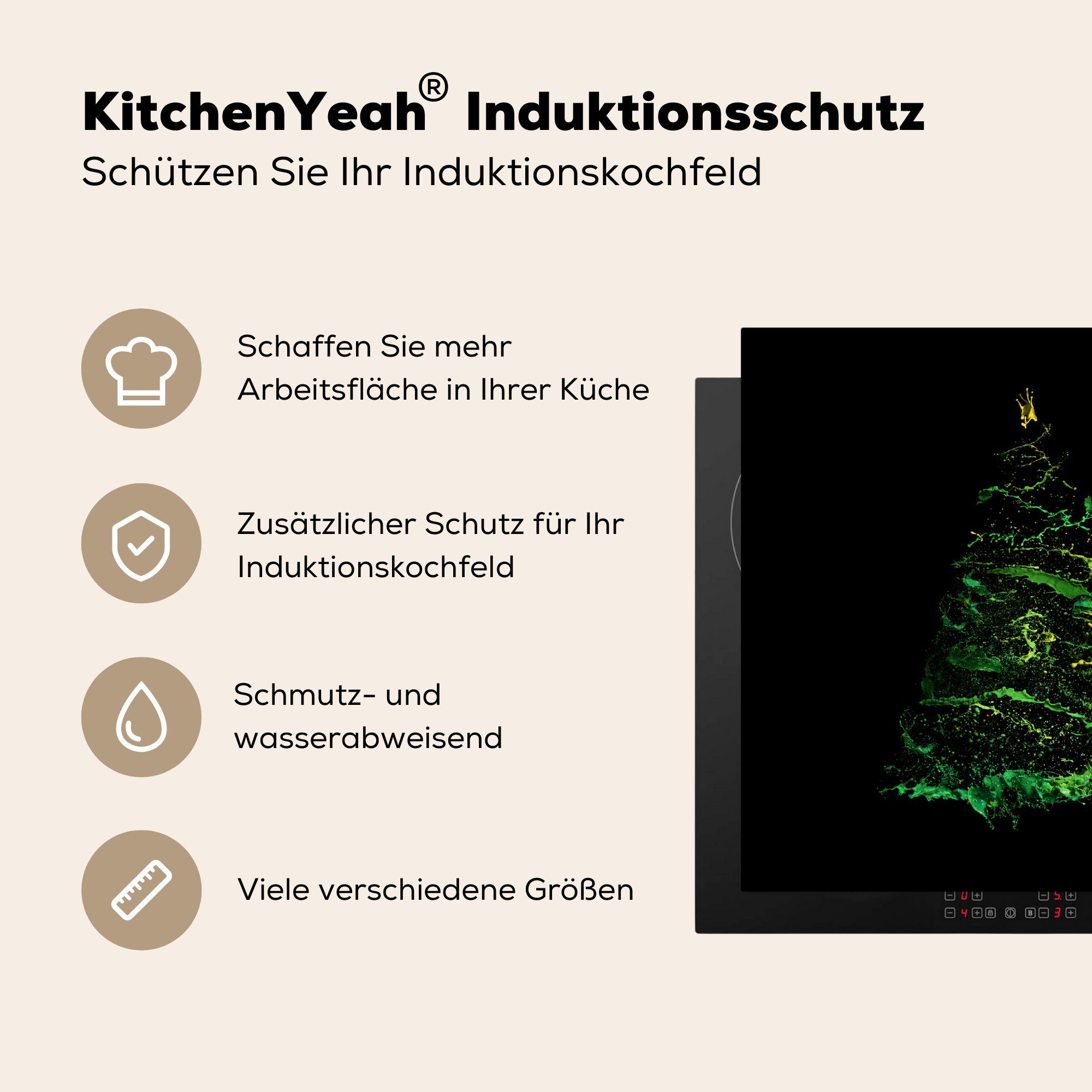 Farbspritzer Ceranfeldabdeckung, Vinyl, in (1 küche Form tlg), Arbeitsplatte MuchoWow eines cm, 78x78 Herdblende-/Abdeckplatte Weihnachtsbaums, für