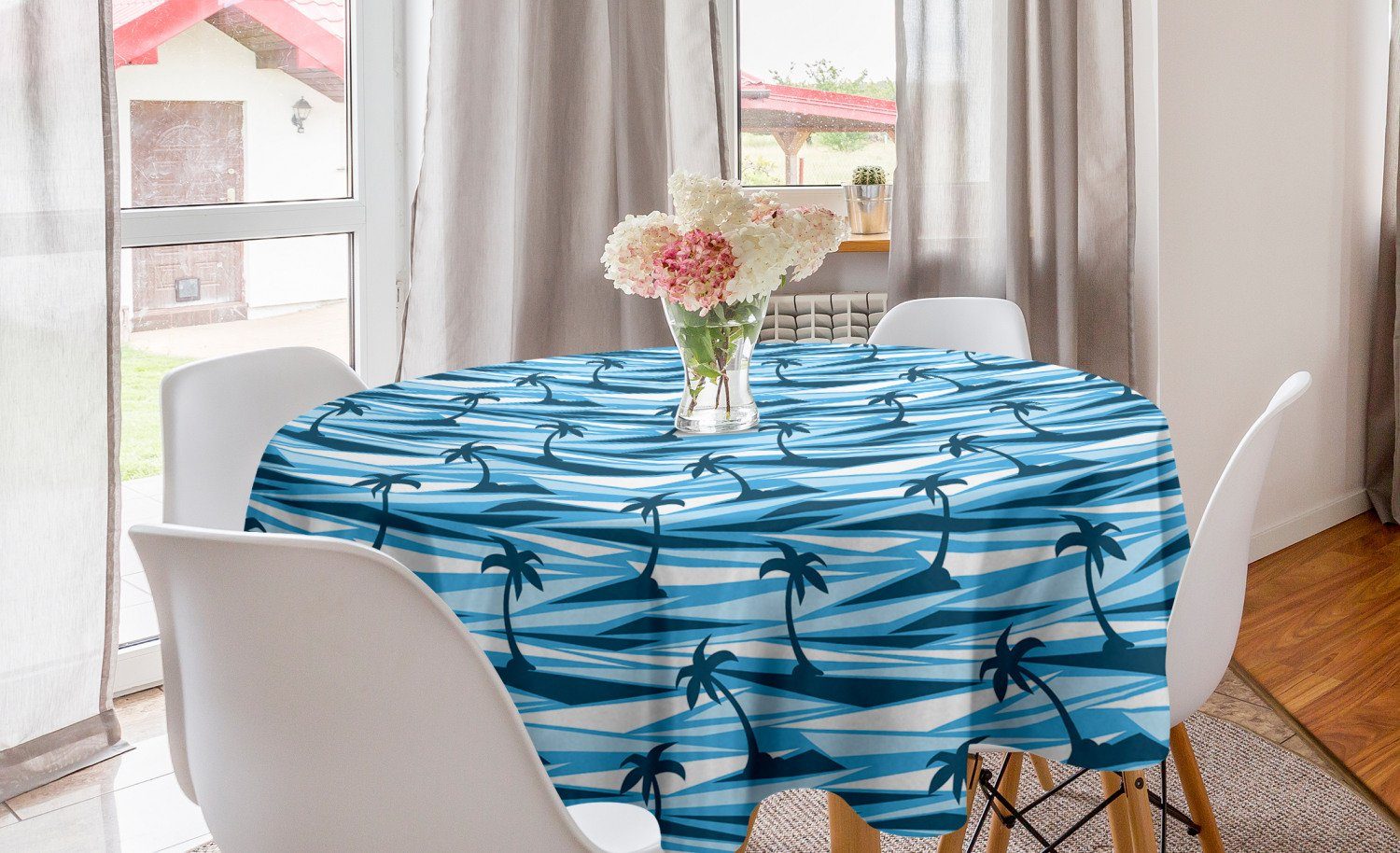 Abakuhaus Tischdecke Kreis Tischdecke Abdeckung für Esszimmer Küche Dekoration, Insel Blau Monochrom Palm und Meer