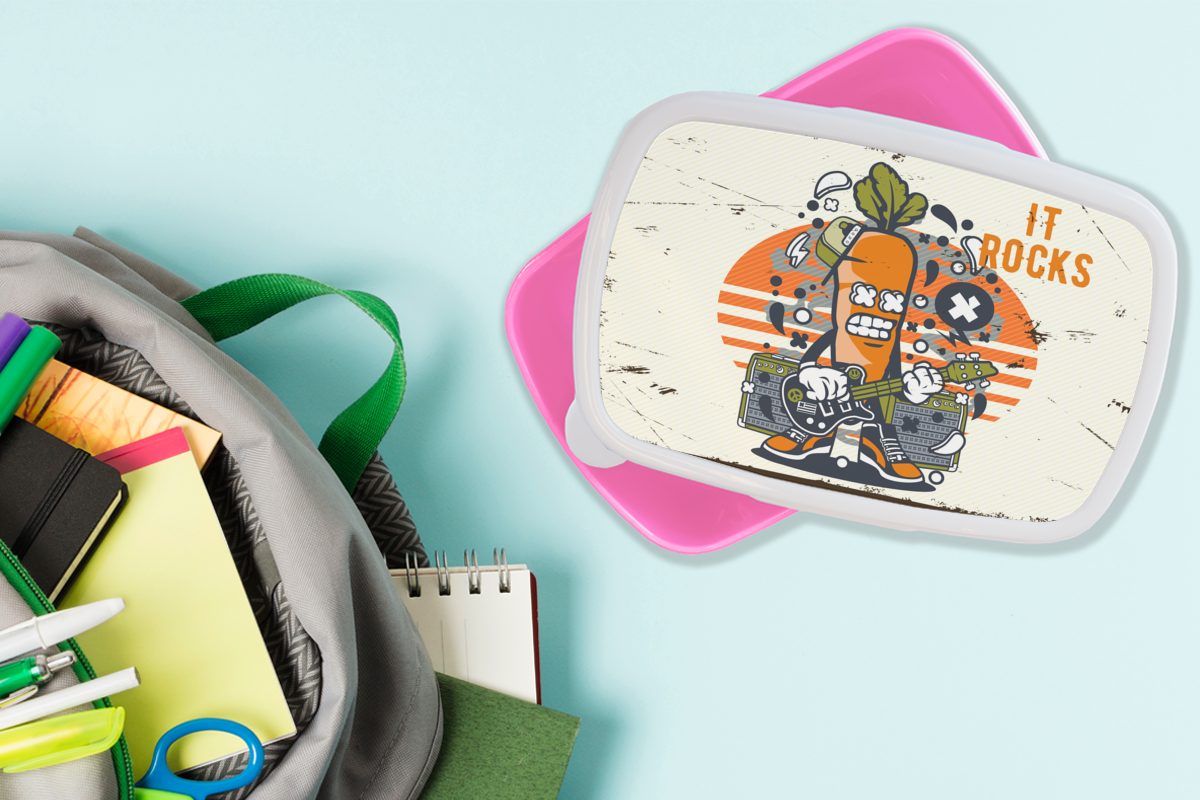 Erwachsene, Brotdose Gitarre Kunststoff, MuchoWow Brotbox - Kinder, (2-tlg), Vintage, Lunchbox Mädchen, Karotte - rosa Snackbox, Kunststoff für