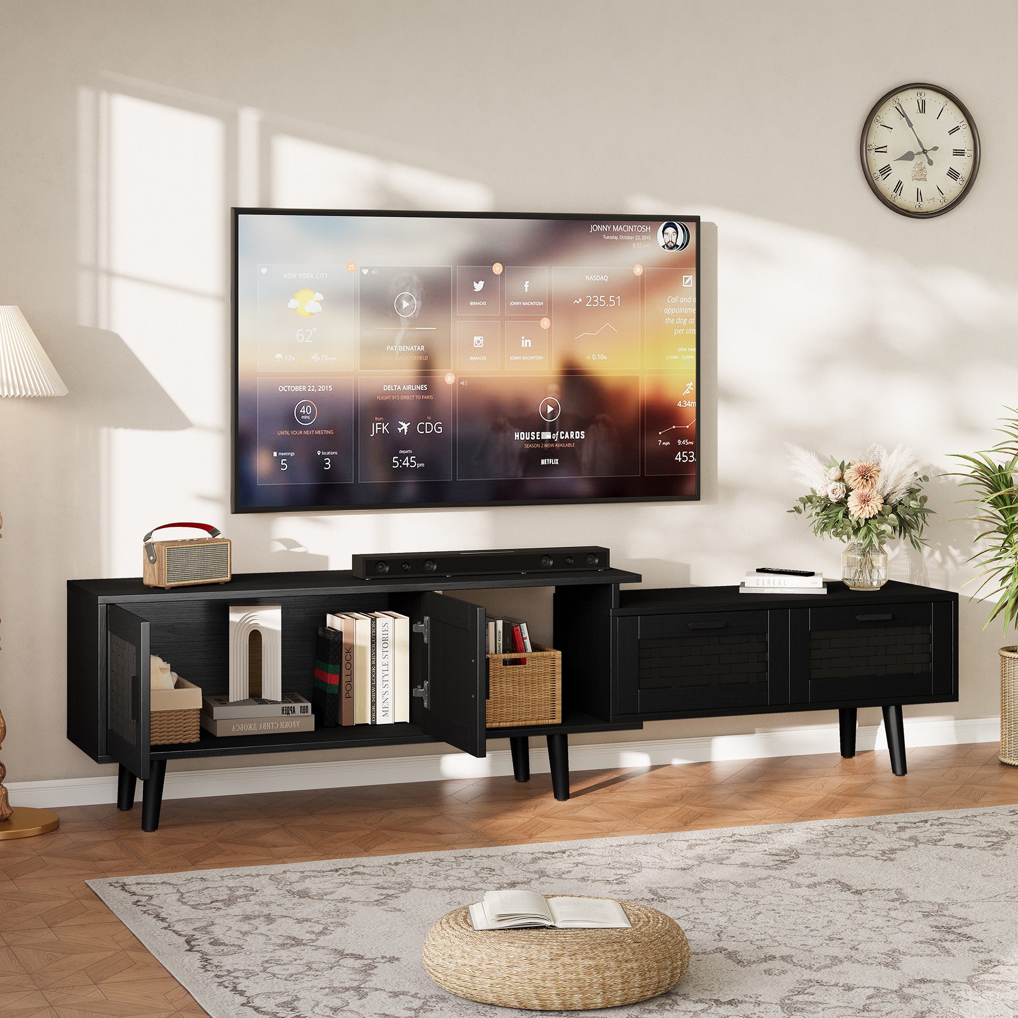 FUROKOY TV-Schrank (Packung, 1-St., Rattan-TV-Ständer mit 2 Türen und 2 Schublade, für 75-Zoll-Fernseher) Skalierbar Fernsehschrank für Schlafzimmer, Wohnzimmer, Schwarz
