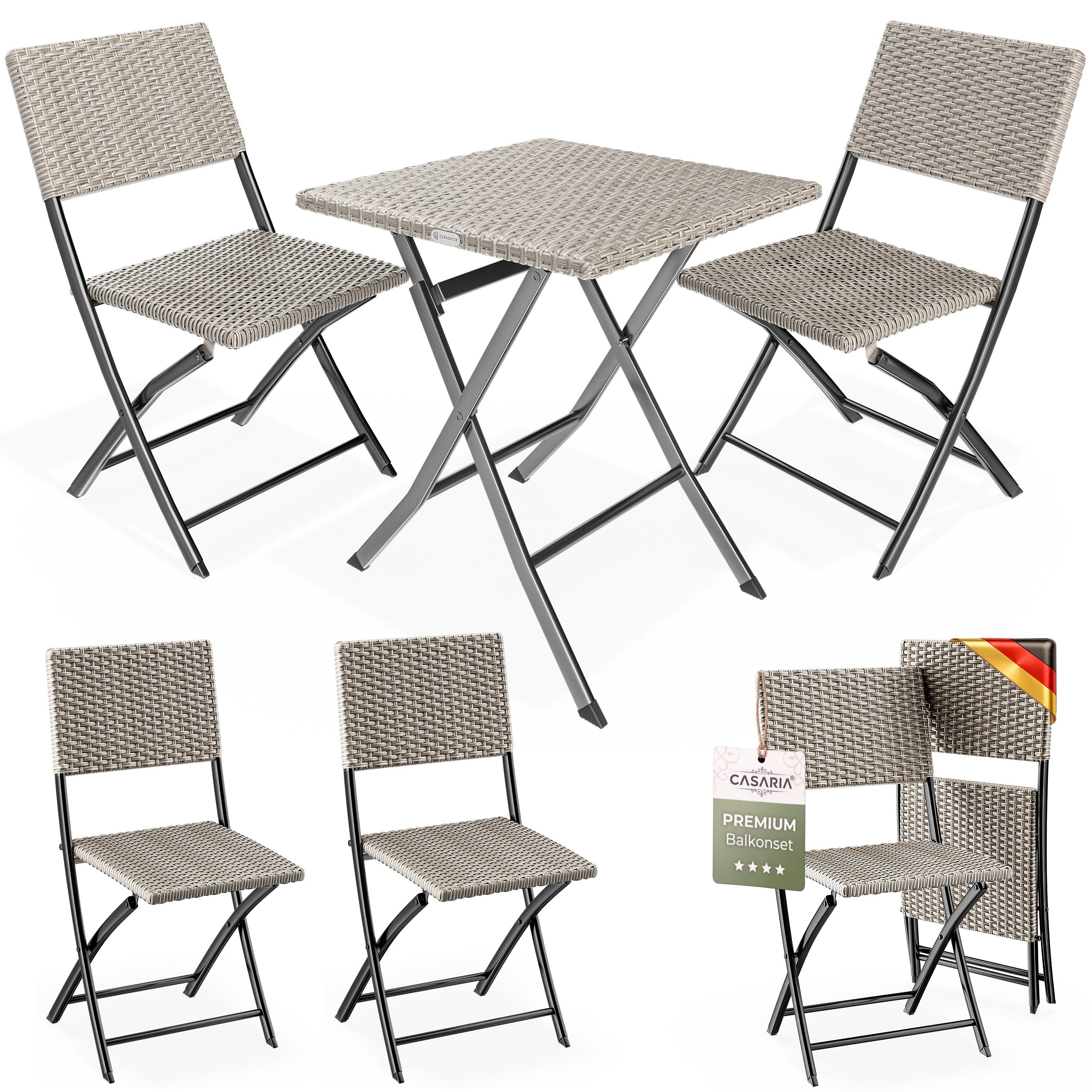 Casaria Balkonset, Polyrattan 3 tlg. Klappbar Platzsparend 2 Personen Wetterfest Balkon