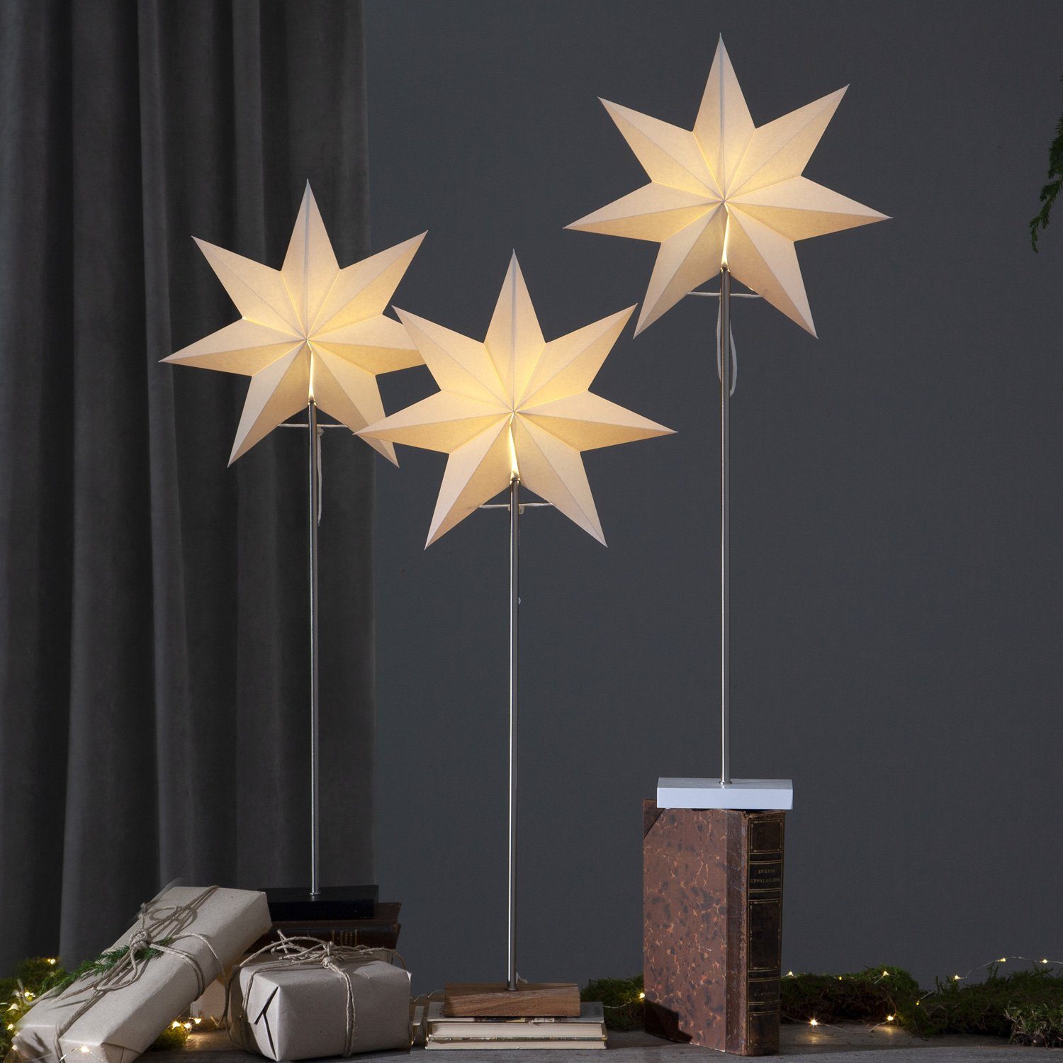 TRADING STAR E14 stehend 80cm Papierstern 7-zackig LED Stehleuchte Stern weiß Weihnachtsstern