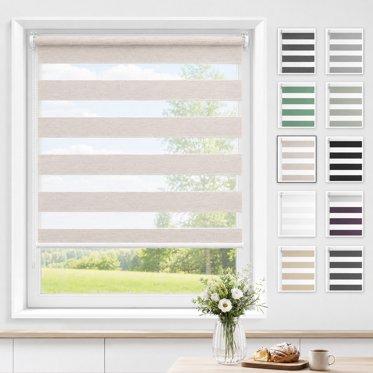 Doppelrollo ohne Bohren 130cm/150cm/230cm, OUBO, freihängend, Klemmfix, rollo für Fenster und Tür mit Klemmträger Lichtschutz und Sichtschutz
