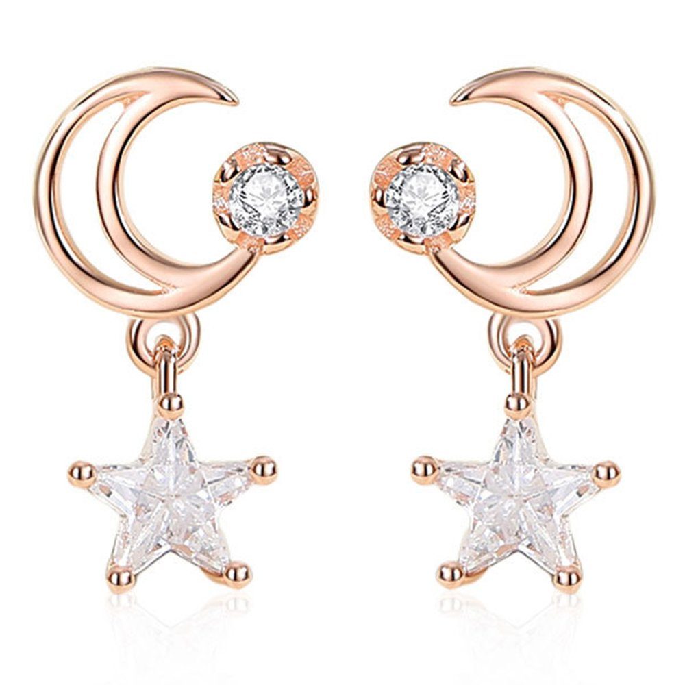 Haiaveng Paar Ohrhänger 925 Silber Ohrringe, Stern und Mond Ohrstecker, Mond-Ohrstecker mit Diamanten, weiße Stein-Ohrringe