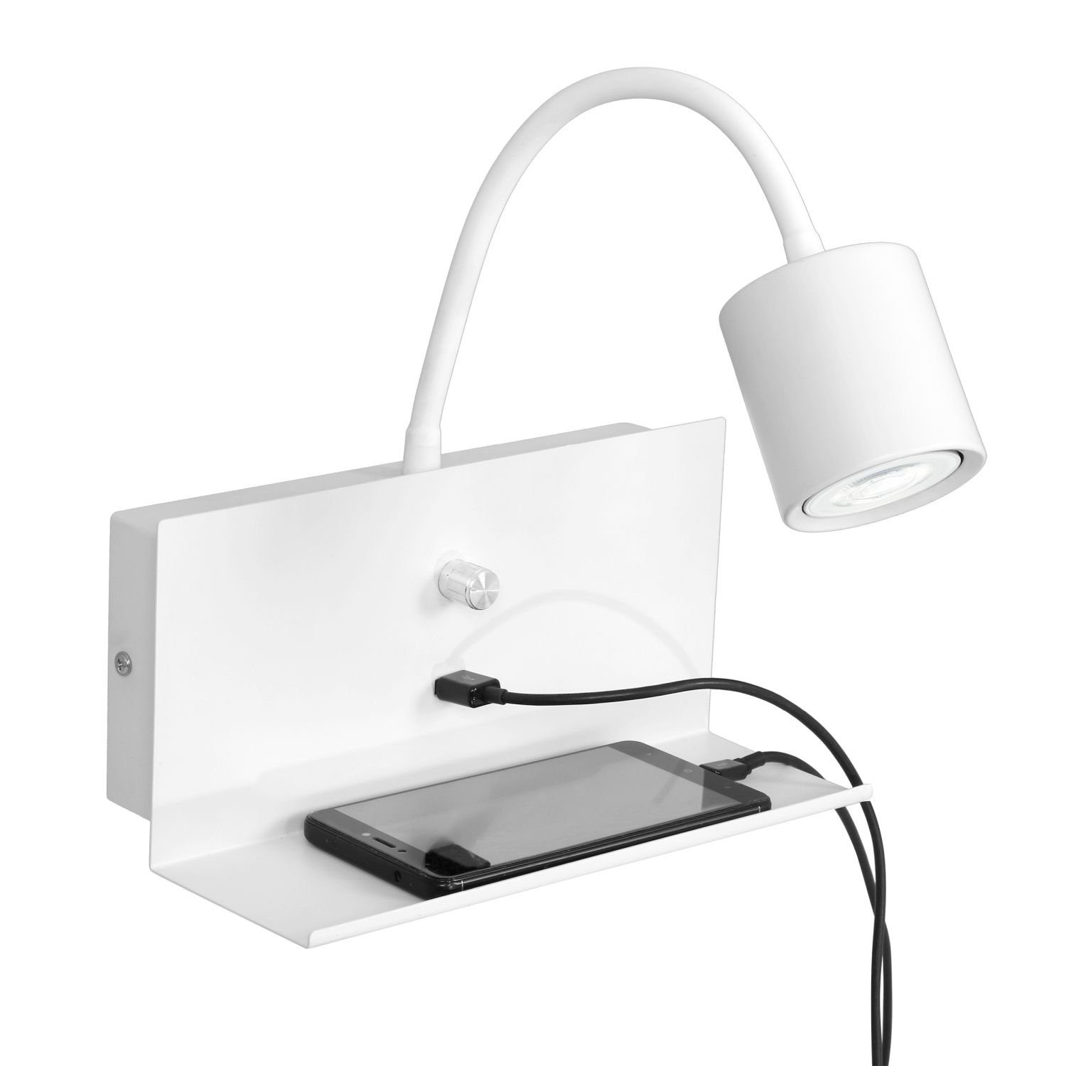 Licht-Erlebnisse Wandleuchte WIOMA, ohne Weiß Anschluss flexibel Leselampe Wandlampe Ablage zum mit Leuchtmittel, USB Laden