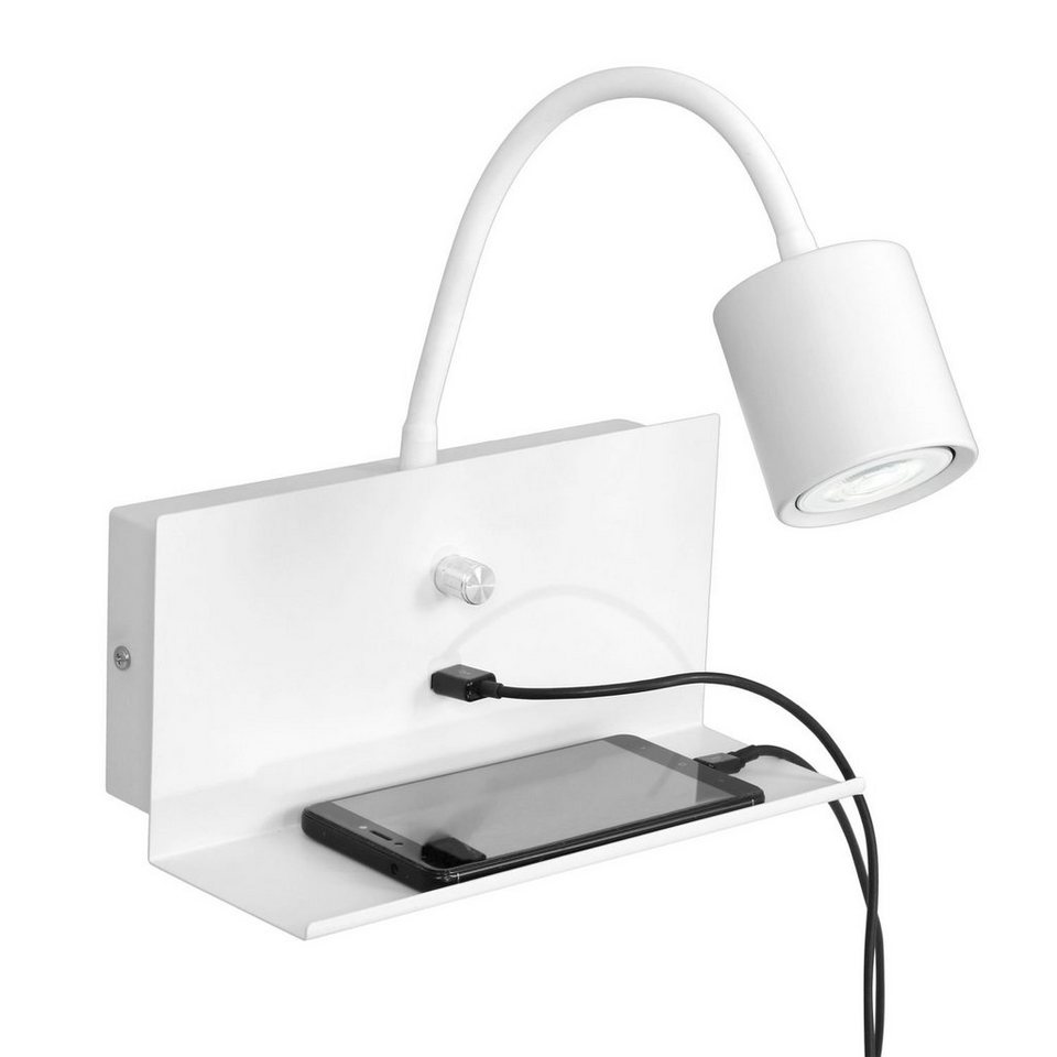 Licht-Erlebnisse Wandleuchte WIOMA, ohne Leuchtmittel, Wandlampe Leselampe  mit Ablage USB Anschluss zum Laden Weiß flexibel
