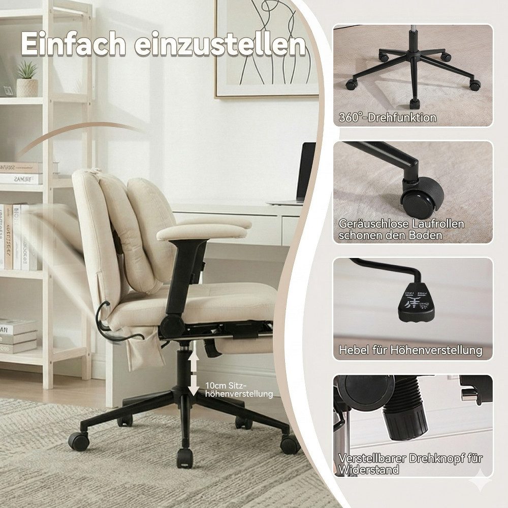 Leawin Drehstuhl Ergonomischer Bürostuhl mit Air-Lordosenstütze, Breiter Drehstuhl mit Rollen, weich gepolstert bis 150 kg