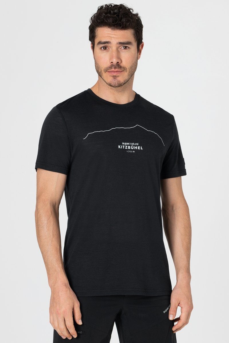 SUPER.NATURAL Print-Shirt Merino T-Shirt M KITZBÜHEL TEE genialer Merion-Materialmix Jet Black/Fresh White
