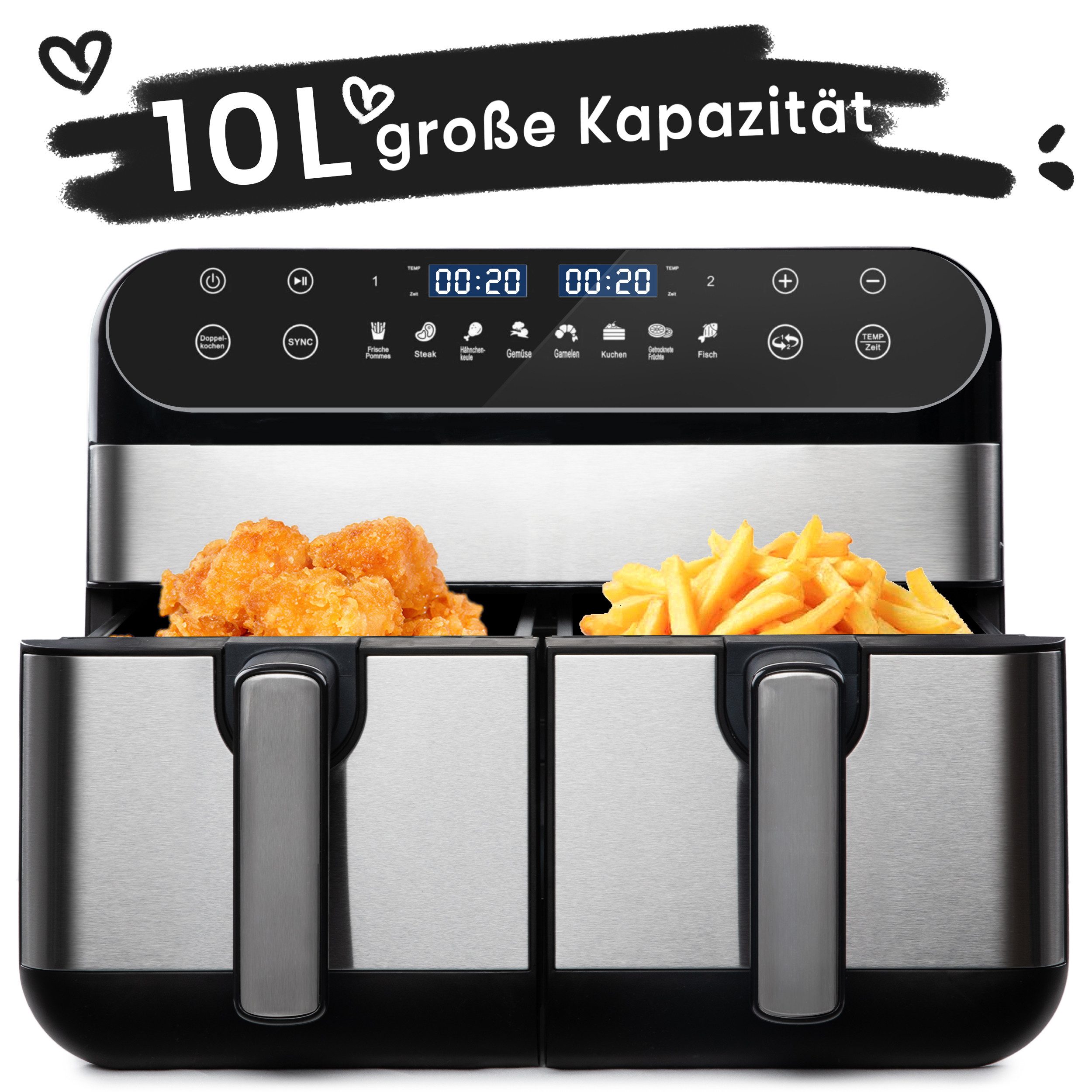 WHEELYOU Heißluftfritteuse 10 L Dual-Zonen Airfryer mit 2400 W – Touch-LED & 8 Kochprogramme, 2400 W, Doppelkammer‑Airfryer 2×5 L, 2400 W, 8 Programme, gesund & schnell