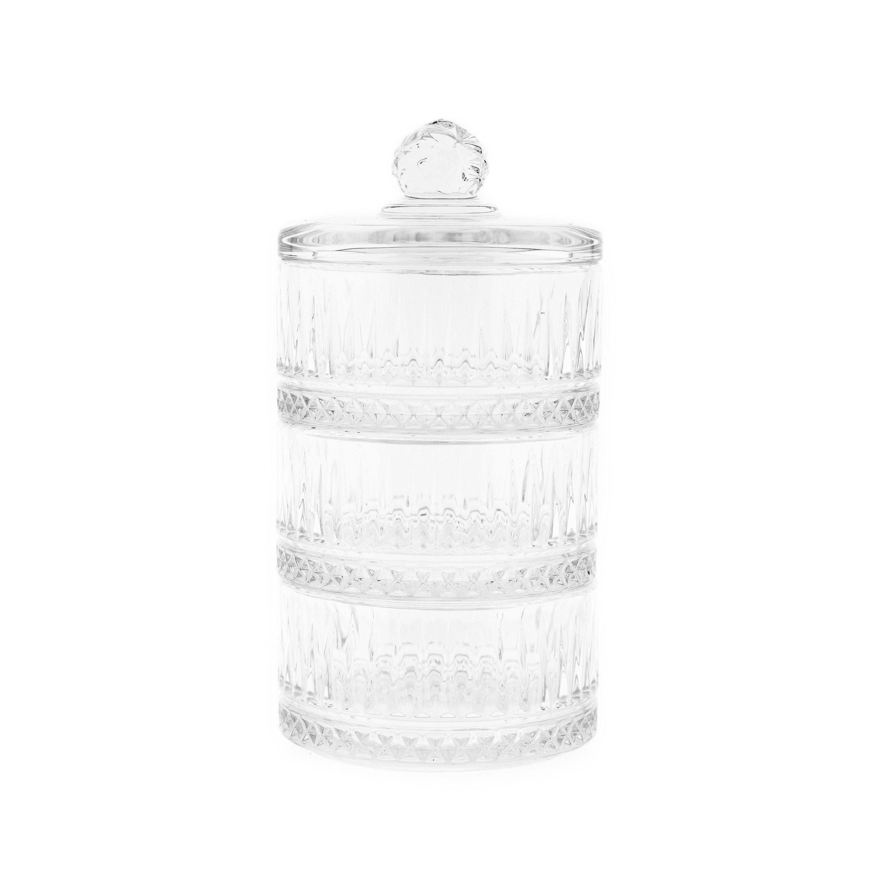 Schale 3-stöckige Glasschale mit Deckel Transparent Riffle Design