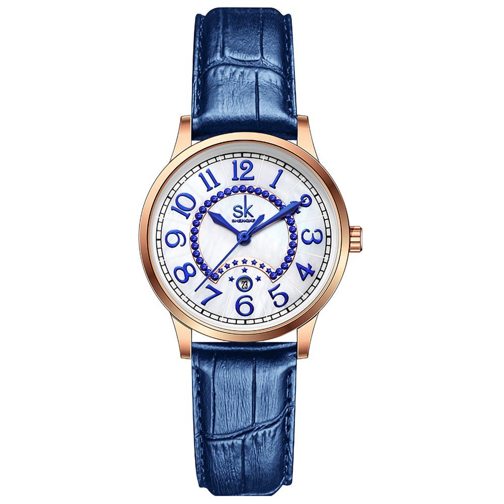 GelldG Uhr Damen Analog Quarz Armbanduhr mit Lederarmband, Edelstahl Uhr Gold, Blau